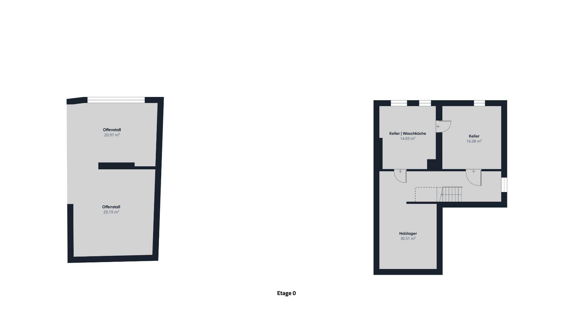 Grundriss der Etage 0 mit Keller- und Heizungsräumen sowie einem Heulager.