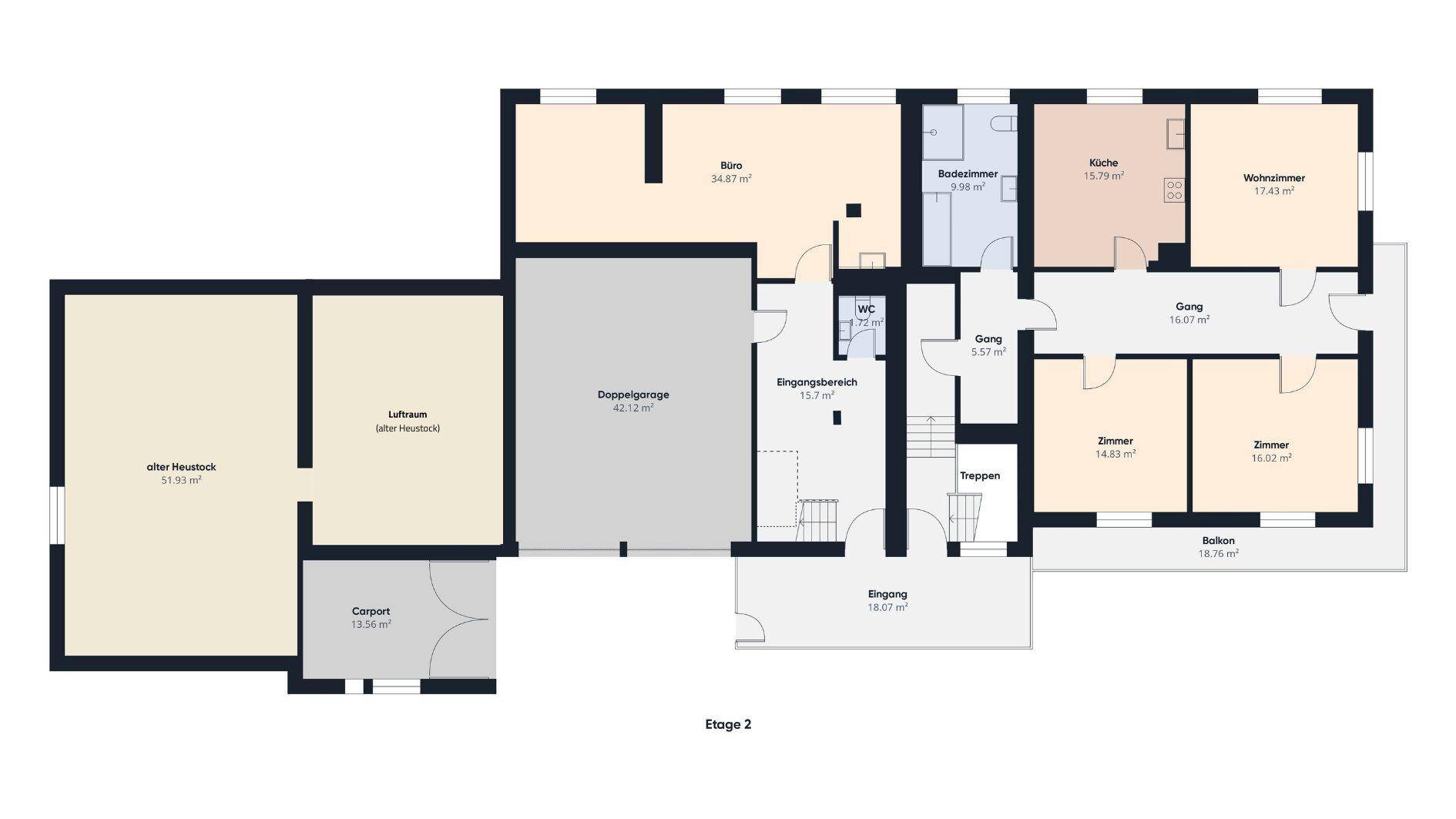 Grundriss der zweiten Etage mit Doppelgarage, Carport, Büro, Küche, Wohnzimmer, Bad und Balkon.