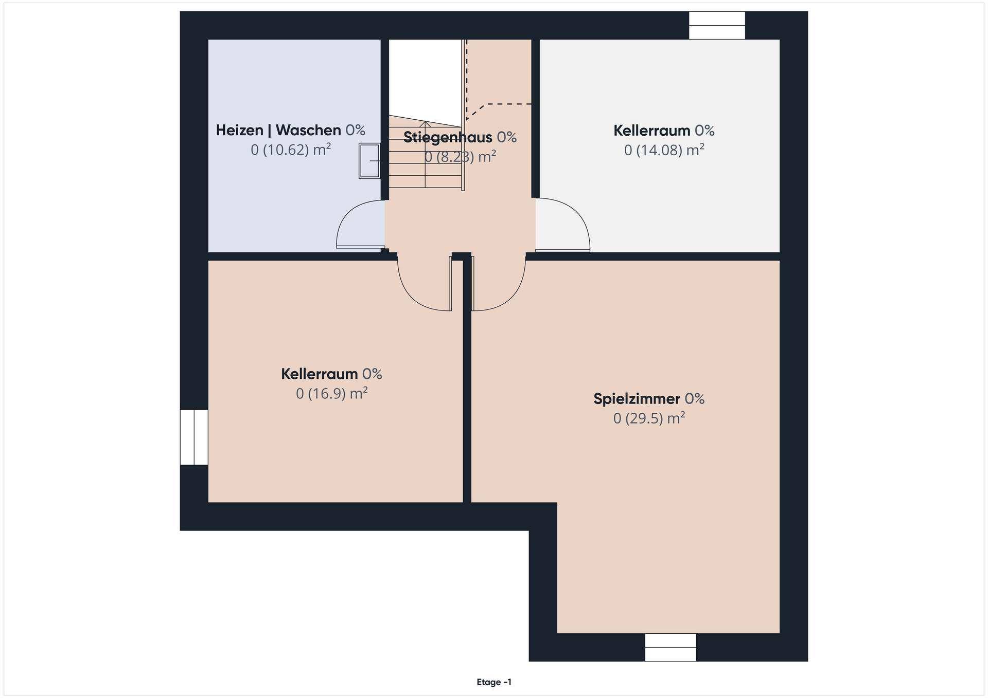 Grundriss des Untergeschosses mit Heizraum, Kellerräumen und Spielzimmer.