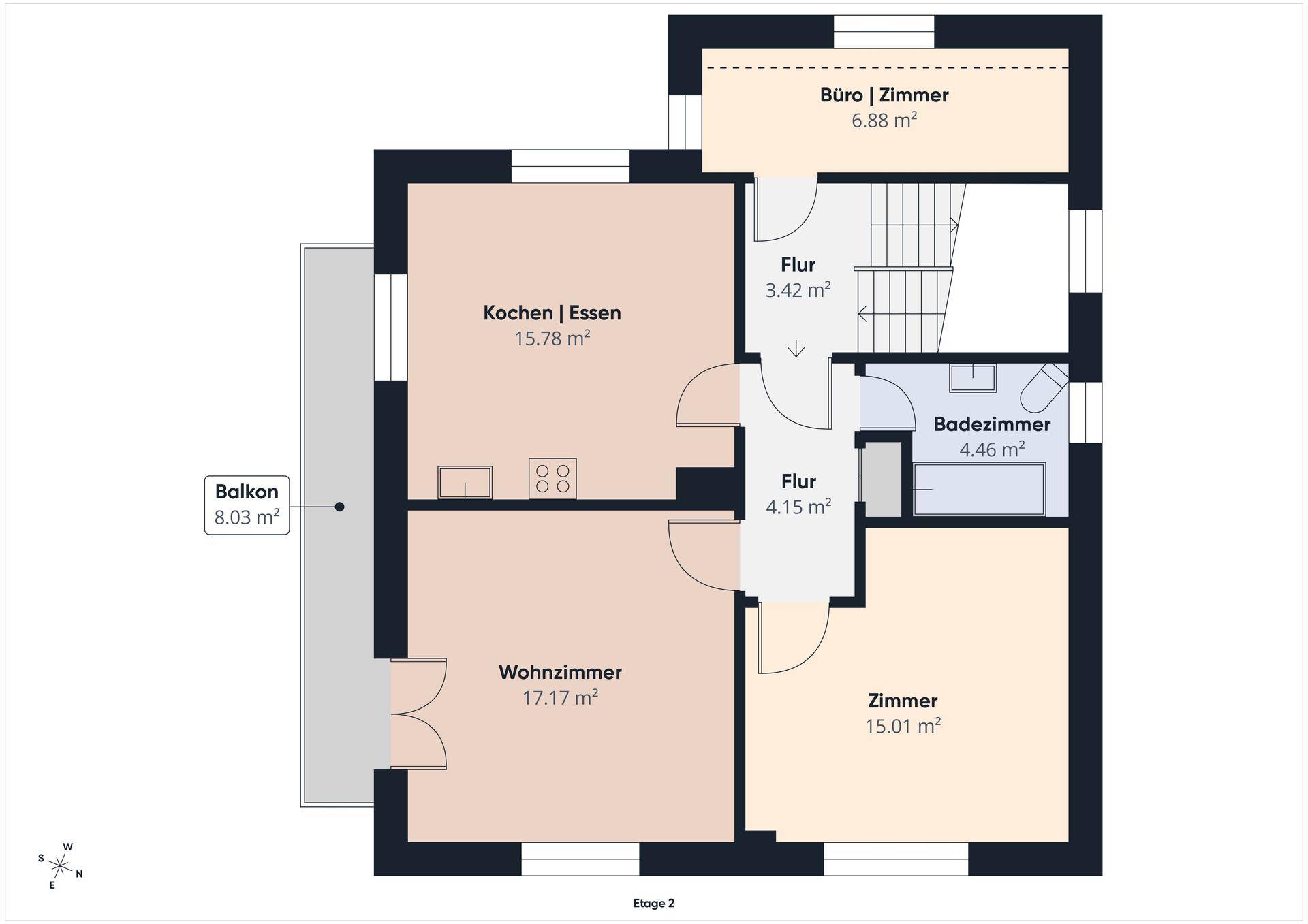 Grundriss der zweiten Etage mit Küche, Essbereich, Wohnzimmer, Schlafzimmer und Balkon.