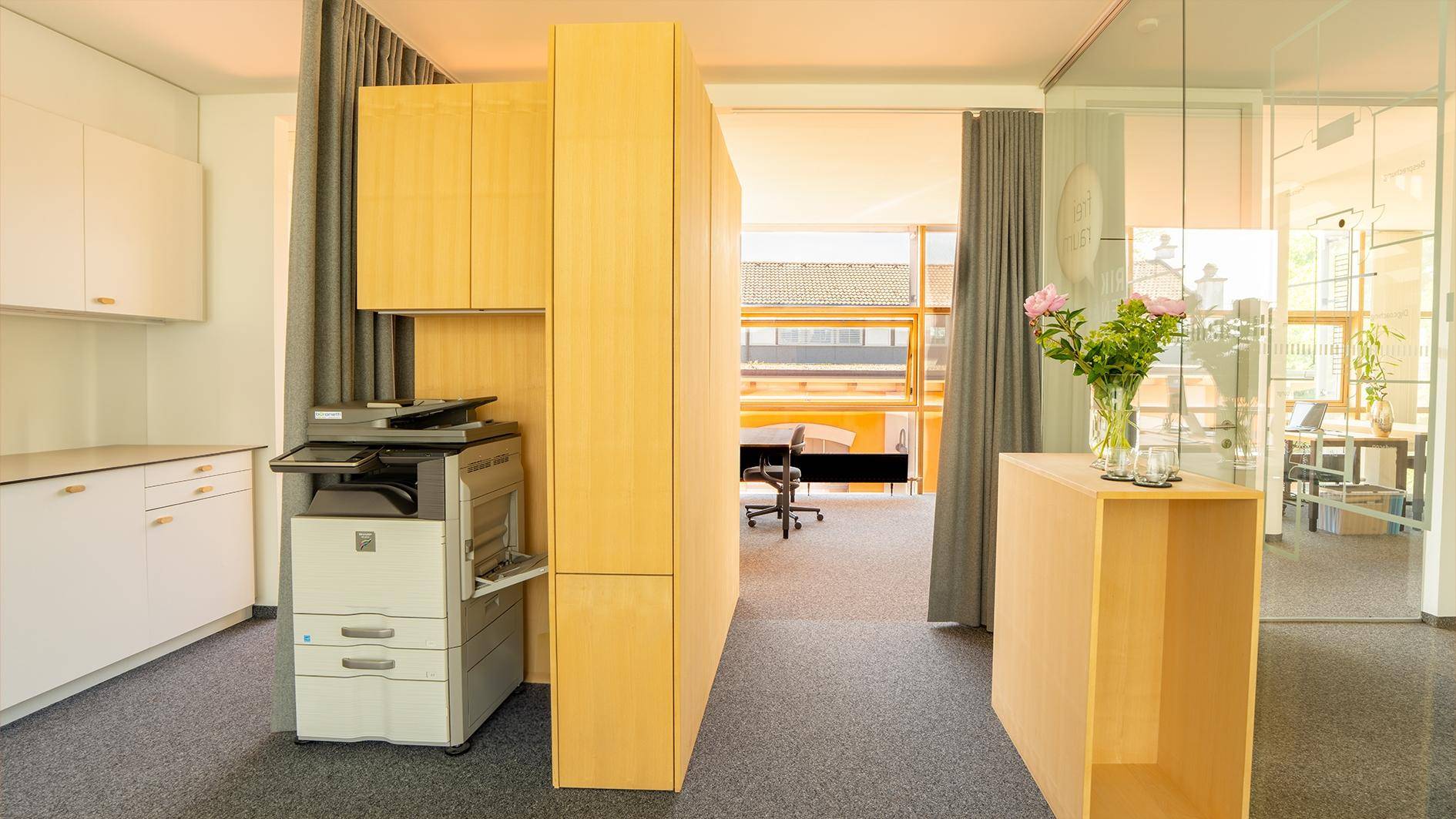Flurbereich mit Kopierer und Holzschränken, führt zu weiteren Büroräumen mit Glaswänden und Fenstern.
