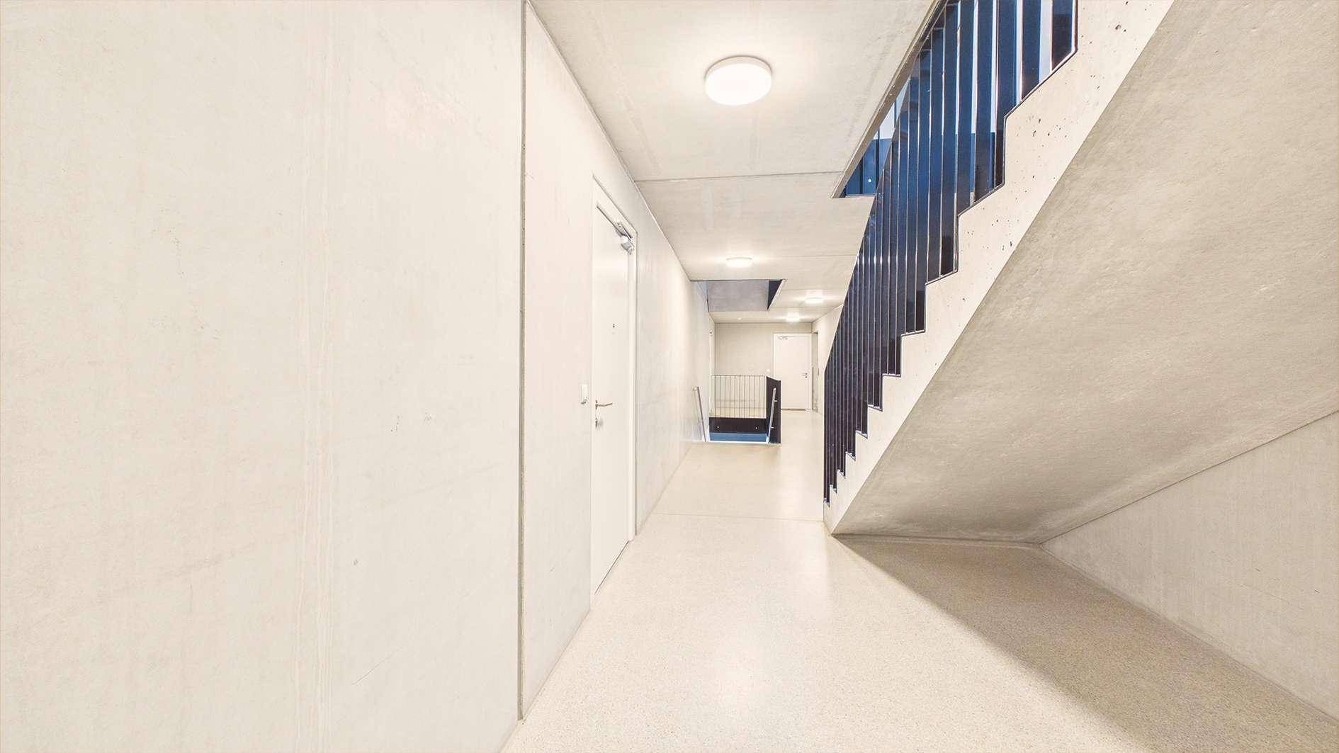 Moderner Flur mit Betonwänden und -boden, führt zu einer Treppe mit dunklem Geländer in einem Mehrfamilienhaus.