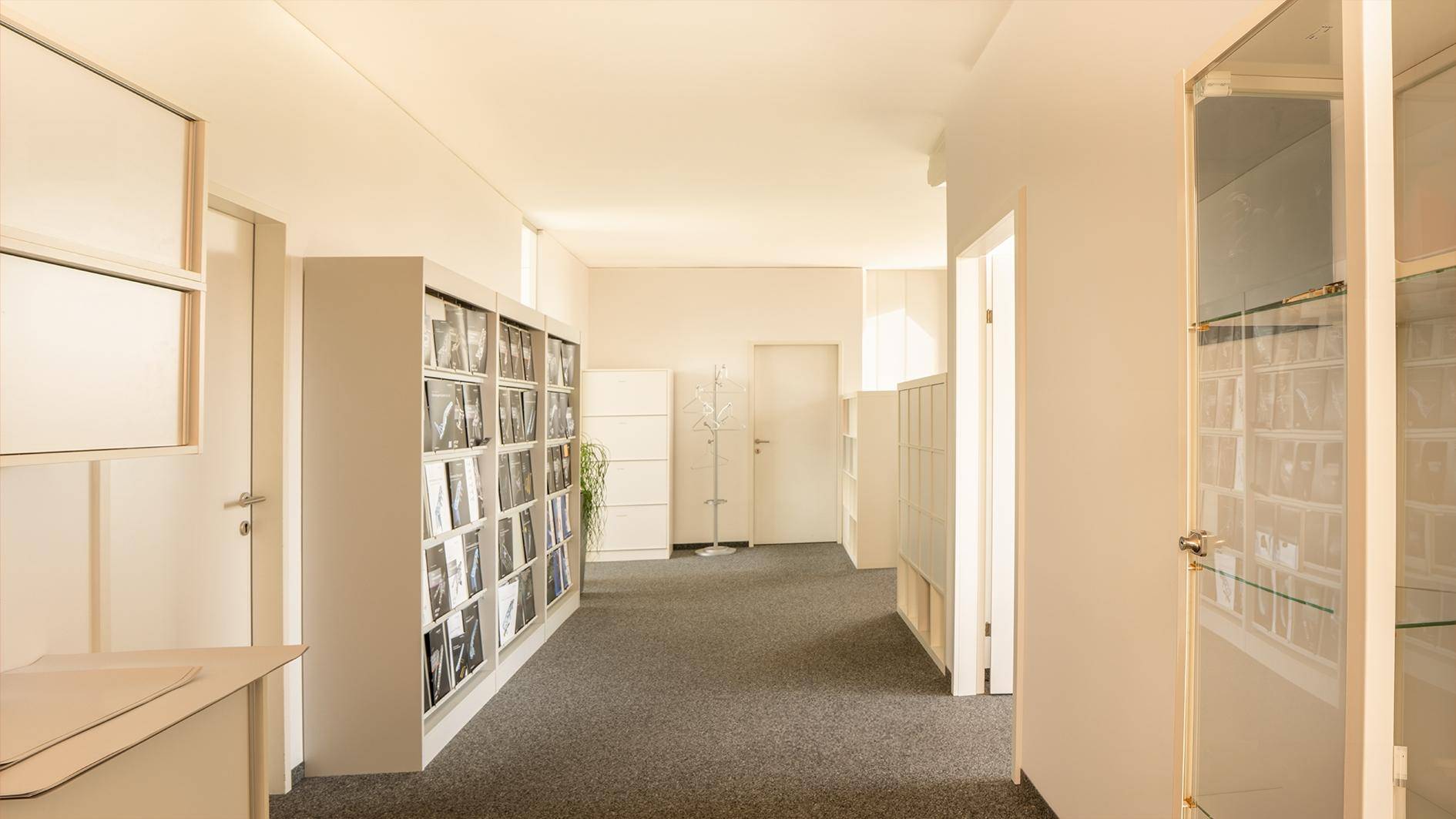 Langer Flur mit Teppichboden und verschiedenen Schränken, führt zu mehreren Türen und Räumen.