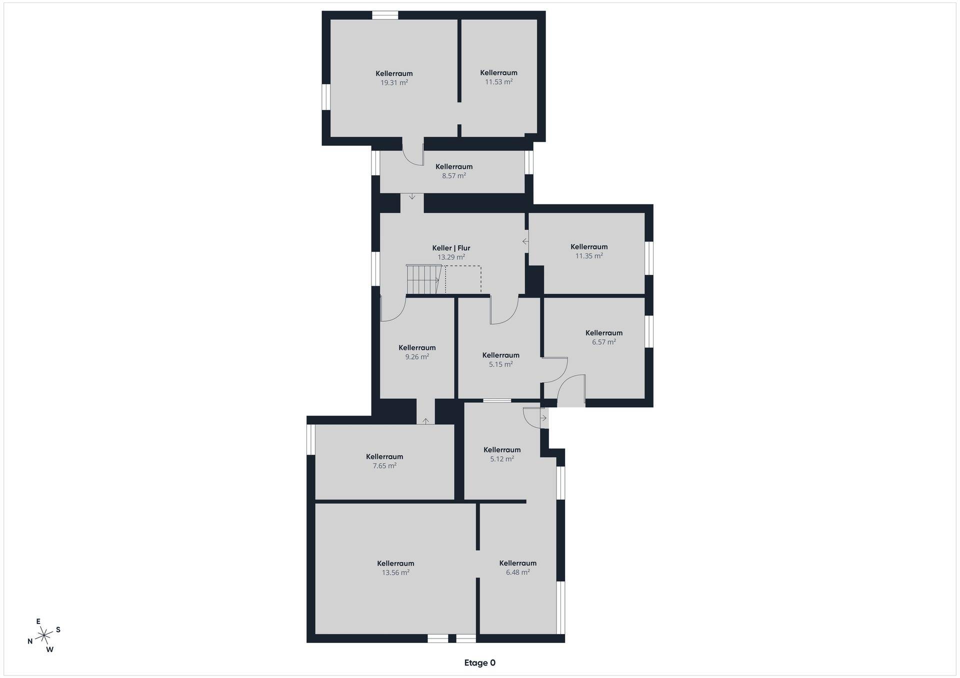 Grundriss der Kellerebene (Etage 0) mit mehreren Keller- und Abstellräumen.