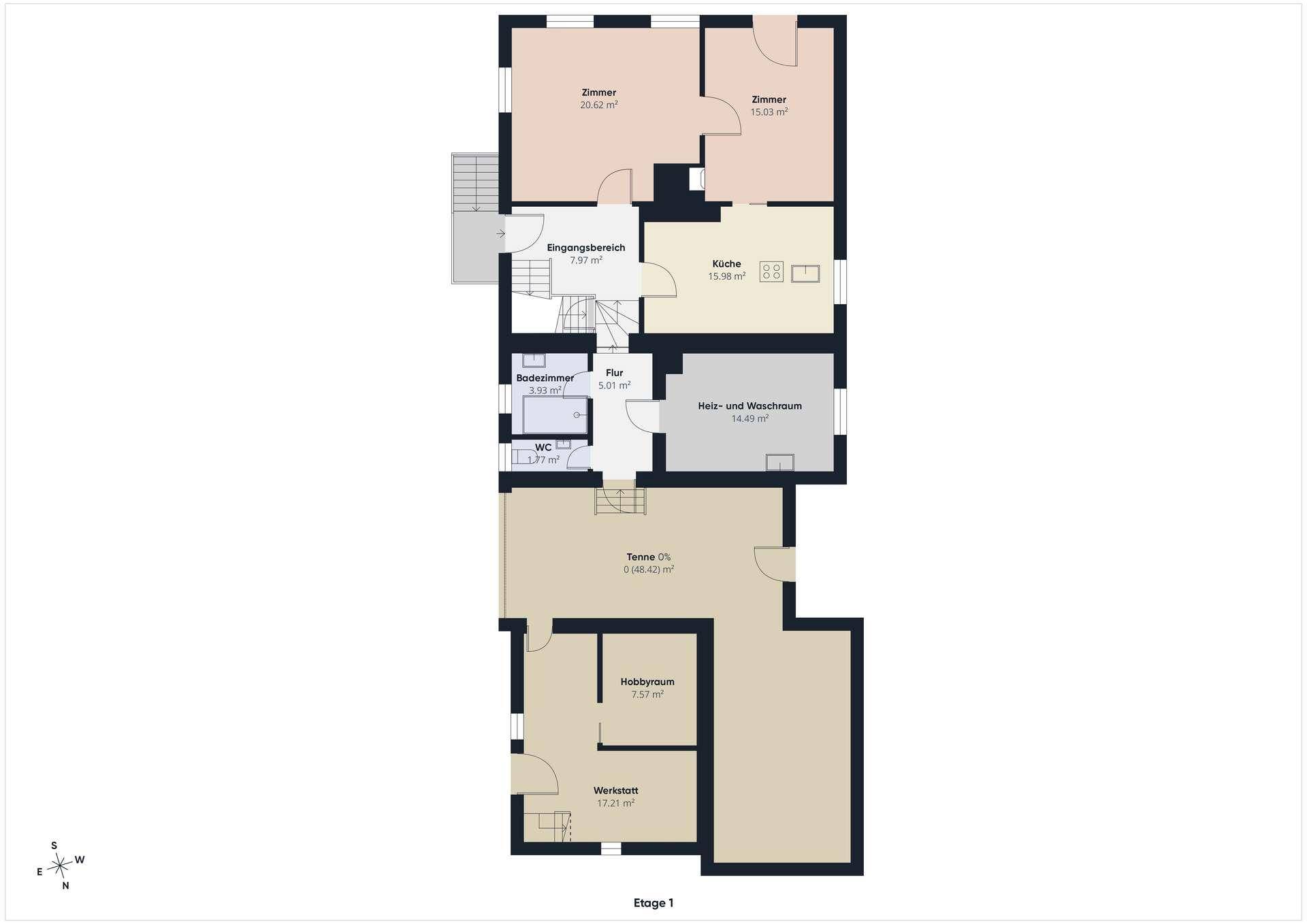 Grundriss der ersten Etage mit Zimmern, Küche und Hobbyraum.
