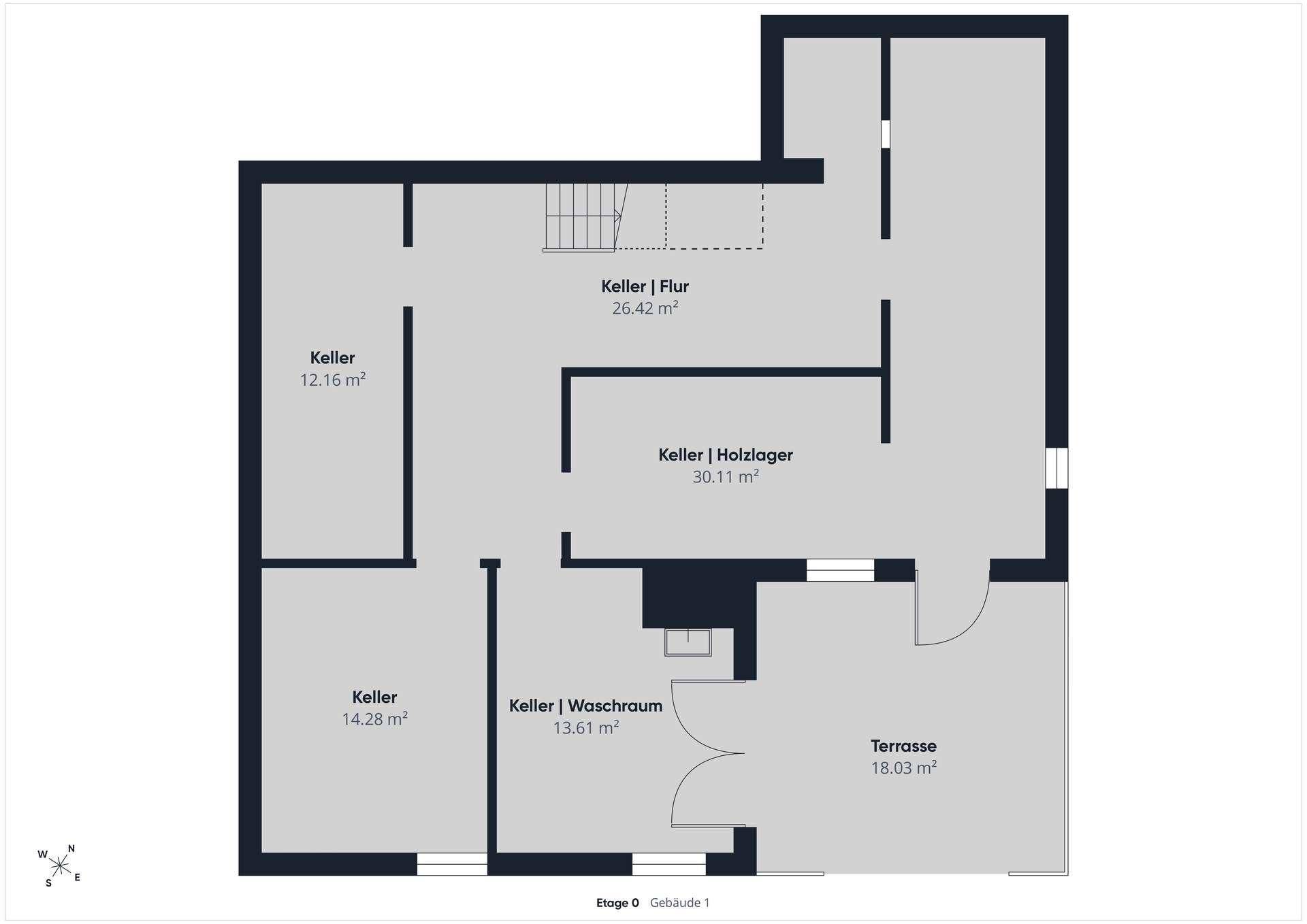 Grundriss der Etage 0 mit Kellerräumen, Waschraum, Holzlager und einer Terrasse.