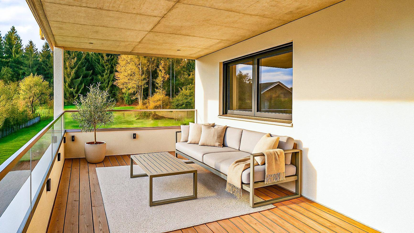 Geräumiger, überdachter Balkon mit Holzboden, moderner Lounge-Möblierung und Waldblick.