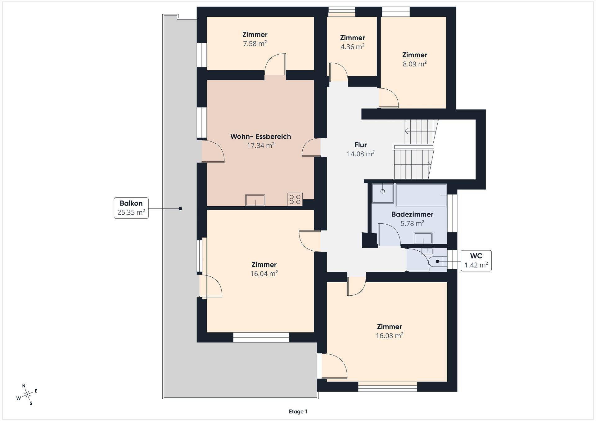 Grundriss der Etage 1 mit Wohn-Essbereich, mehreren Zimmern, Bad, WC und großem Balkon.