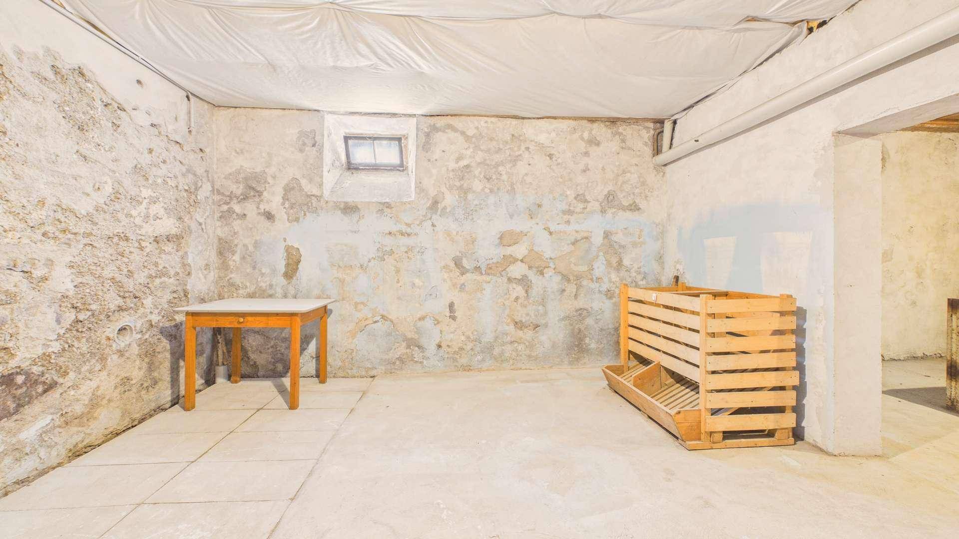 Geräumiger Kellerraum mit Betonboden und rustikalen Möbeln, vielseitig nutzbar.