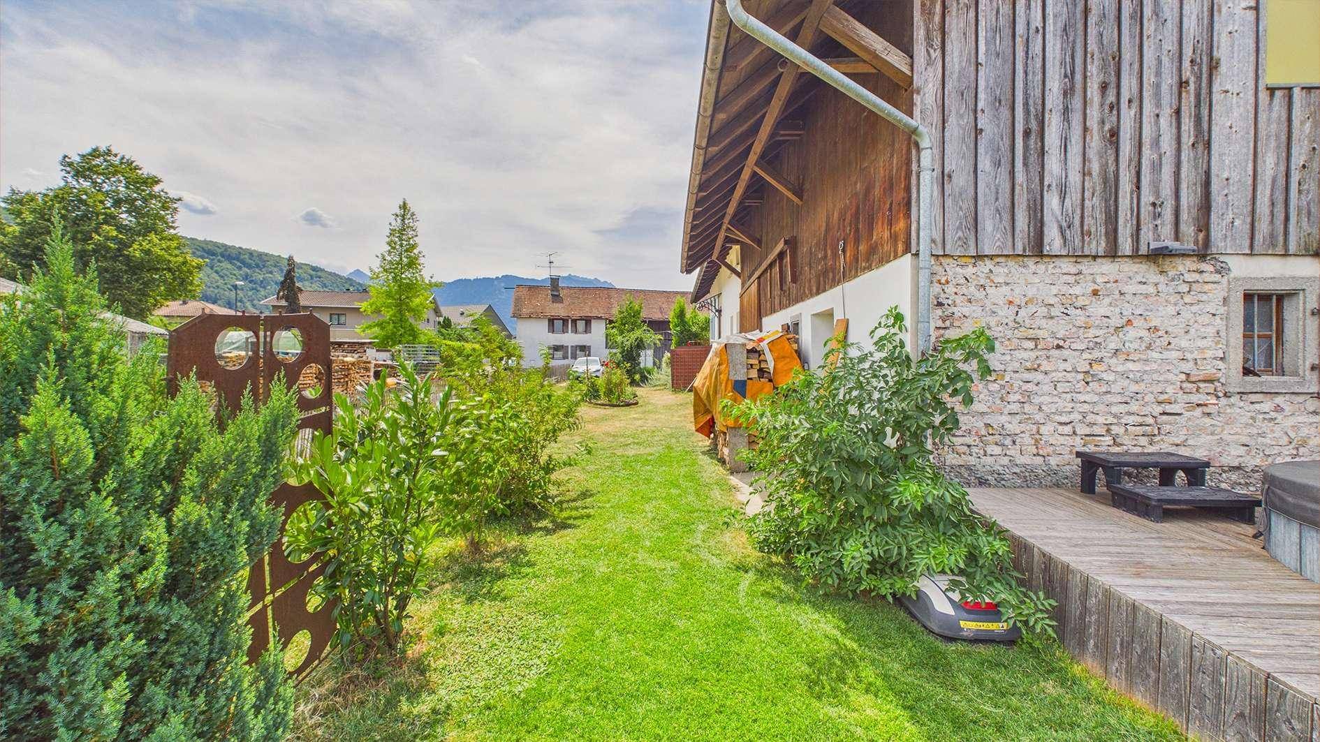 Grüner Garten mit Holzterrasse und automatischem Rasenmäher, umgeben von Sträuchern.