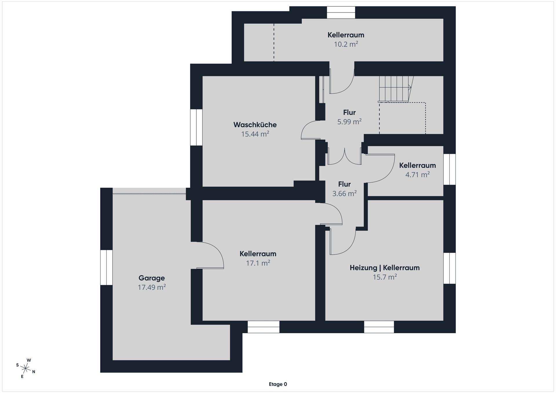 Grundriss des Erdgeschosses mit Garage, Waschküche, mehreren Kellerräumen und Heizungsraum.