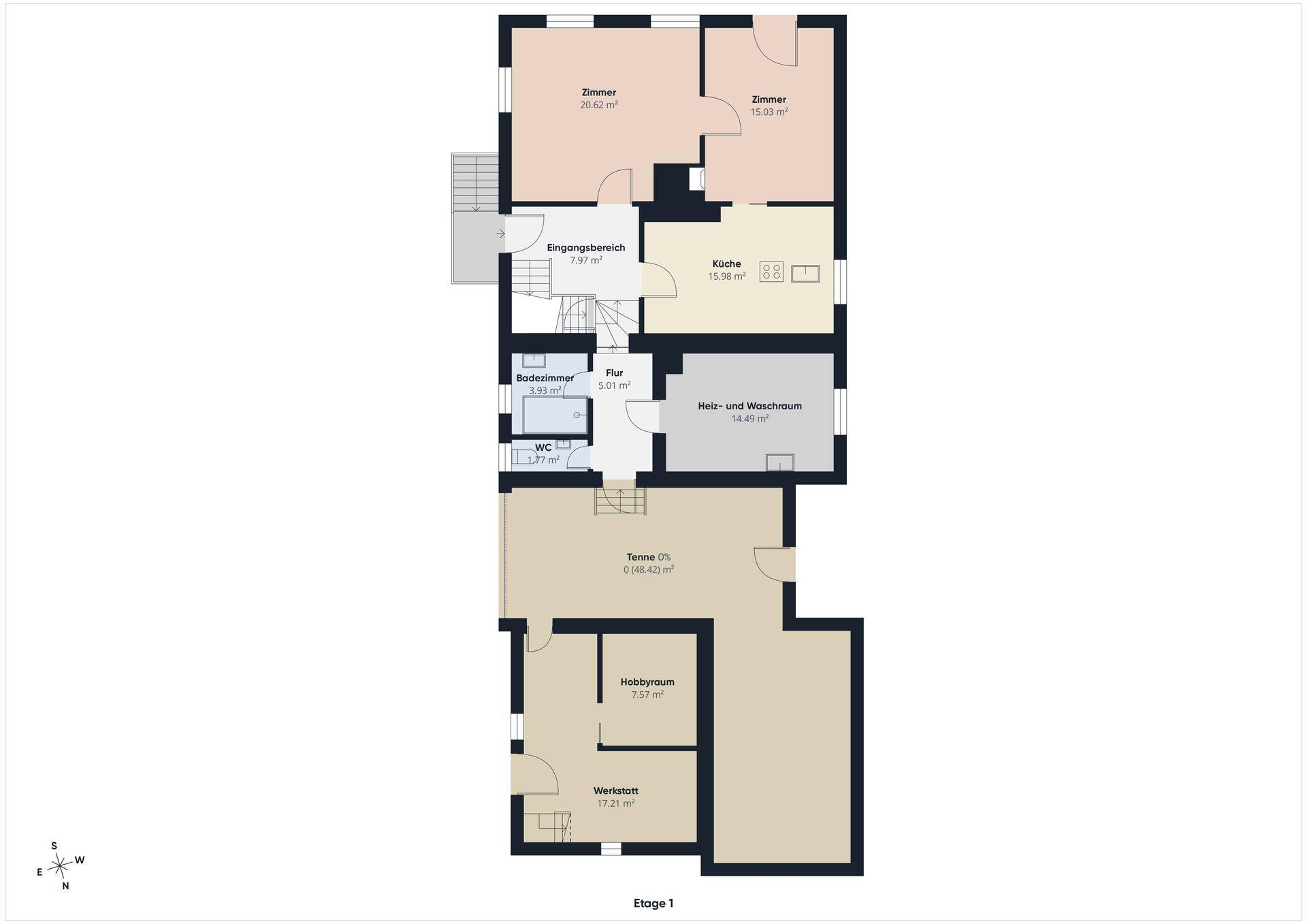Grundriss der ersten Etage mit Zimmern, Küche, WC und Terrasse.