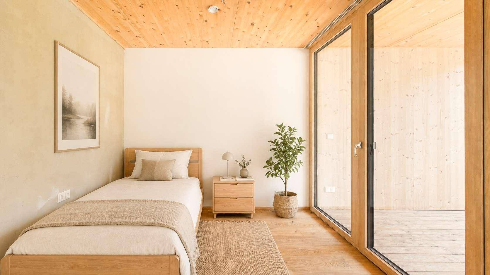 Gemütliches Schlafzimmer mit Einzelbett, Holzboden und Zugang zu einem privaten Außenbereich.