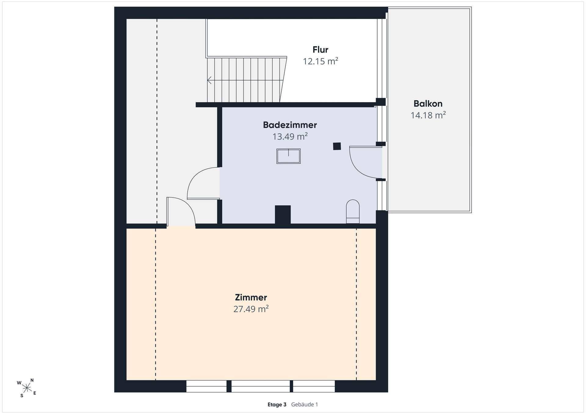 Grundriss der Etage 3 mit einem großen Zimmer, Badezimmer, Flur und einem Balkon.