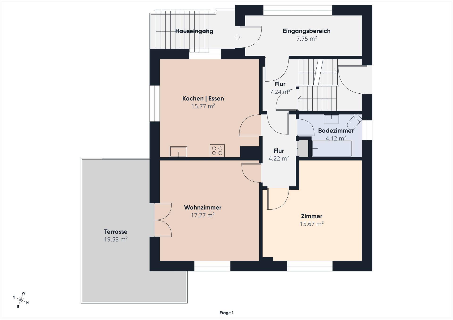 Grundriss der ersten Etage mit Küche, Essbereich, Wohnzimmer, Schlafzimmer und großer Terrasse.