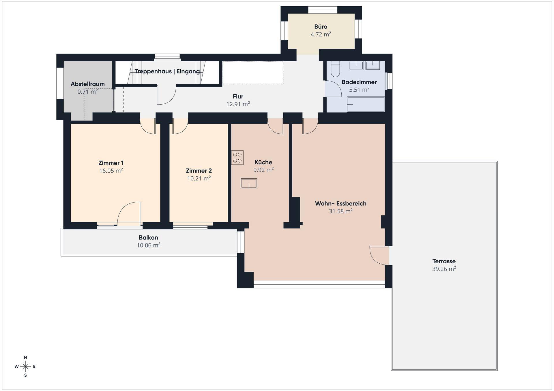 Grundriss der Wohnung mit Wohn-Essbereich, zwei Zimmern, Bad, Balkon und Terrasse.