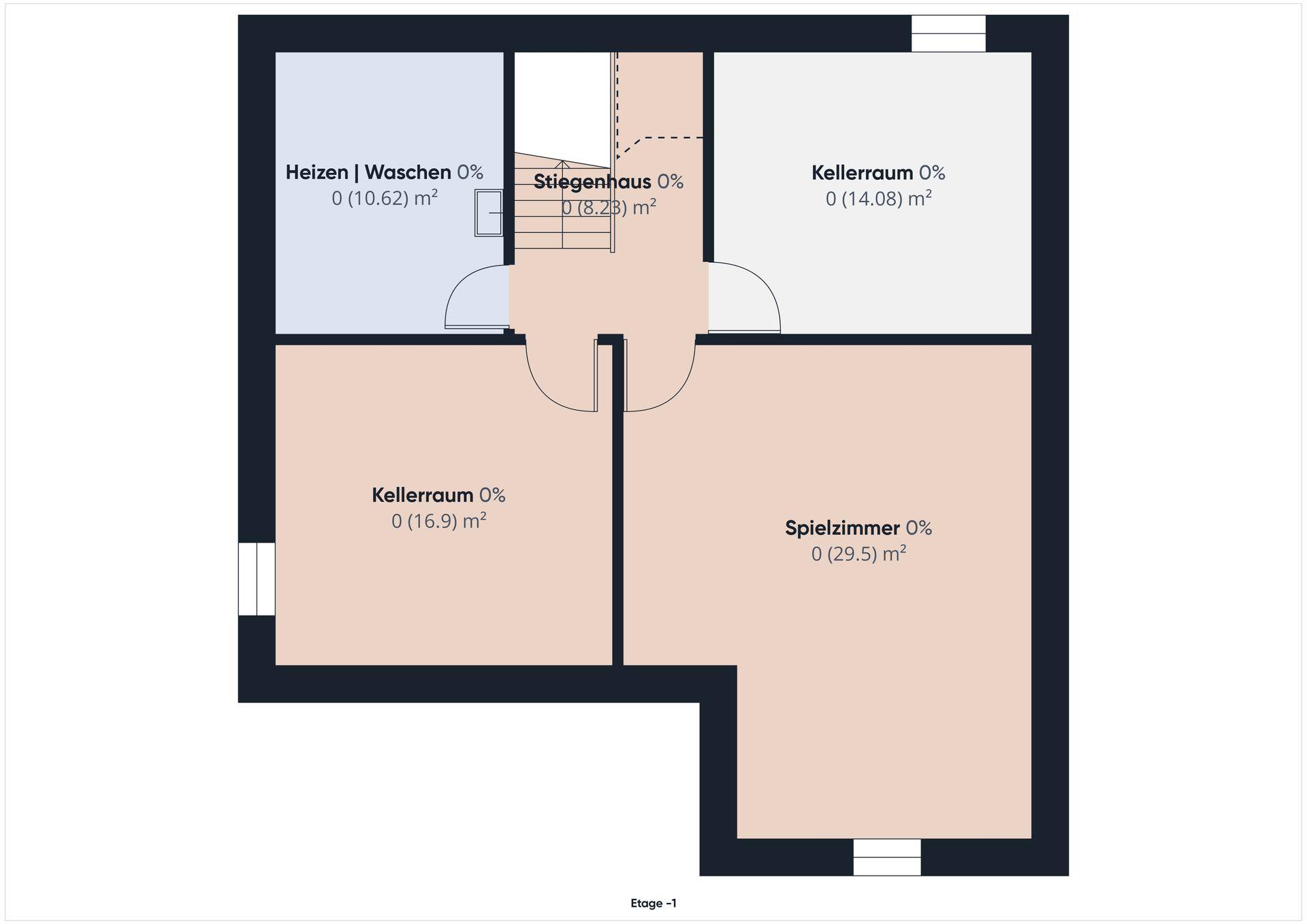 Grundriss der Etage -1 mit Heizraum, Waschküche, Kellerräumen und Spielzimmer.