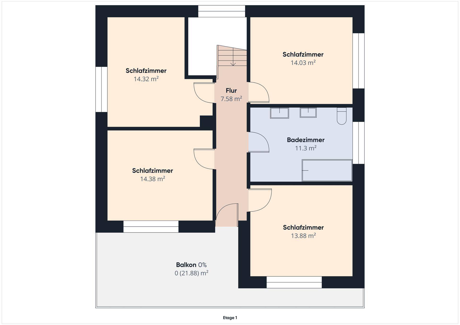 Grundriss der Etage 1 mit vier Schlafzimmern, einem Badezimmer und großem Balkon.