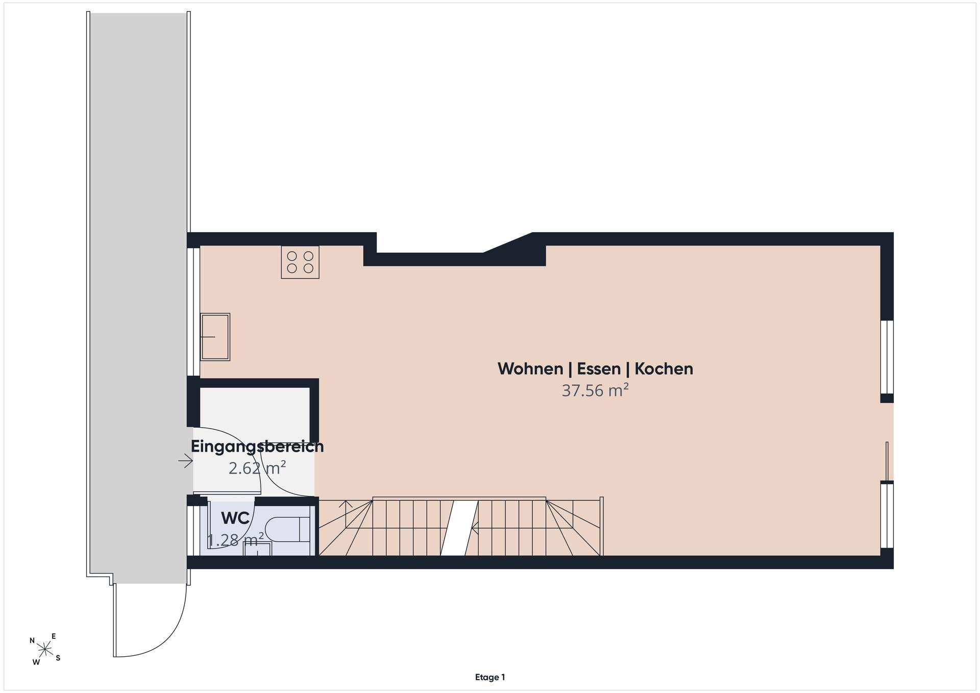 Grundriss der Etage 1 mit offenem Wohn-, Ess- und Kochbereich sowie Eingang und separatem WC.