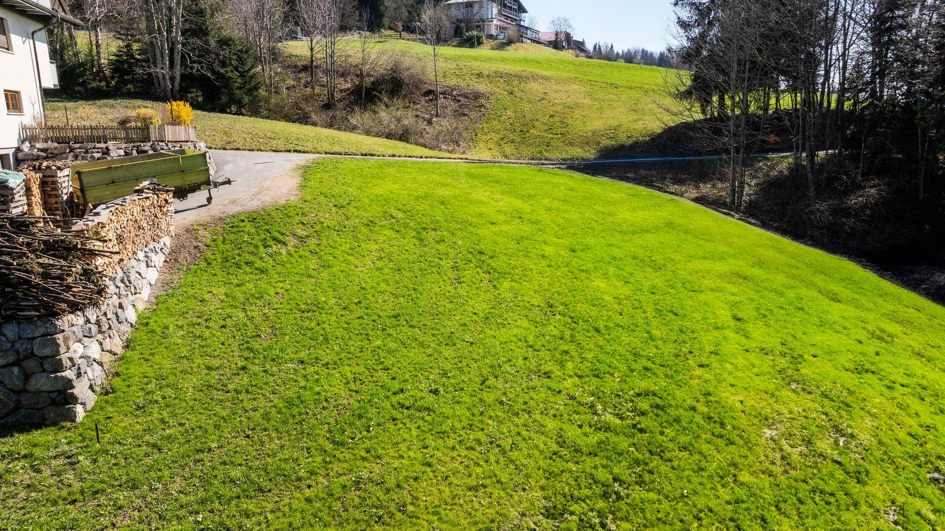 Grüne Rasenfläche auf einem Hanggrundstück mit Steinmauer und Holzstapel am Rand.