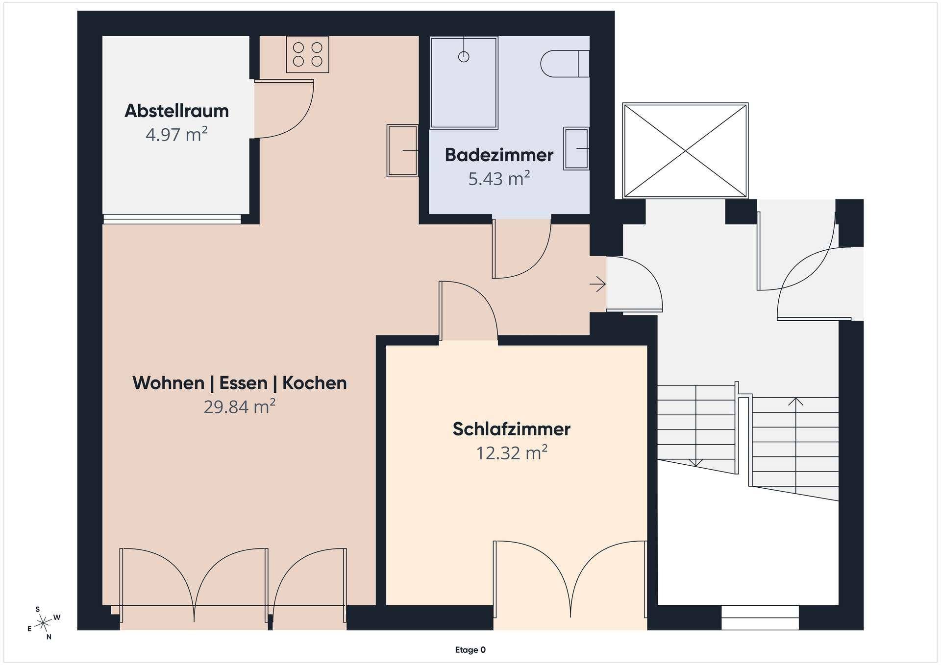 Grundriss der Etage 0 mit Wohn-, Ess- und Kochbereich, Schlafzimmer und Bad.