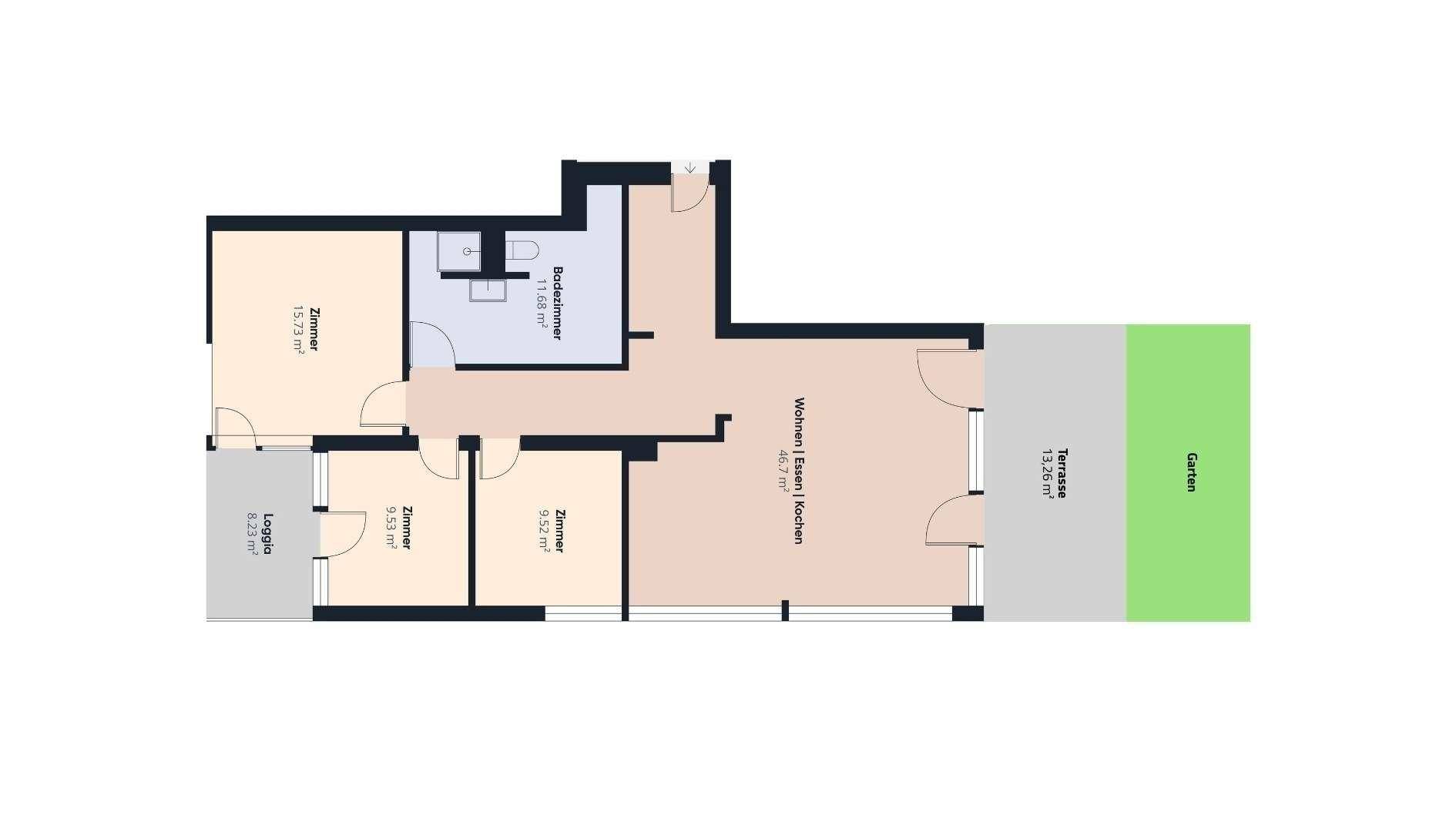 Grundrissplan einer Wohnung mit offenem Wohnbereich, mehreren Zimmern, Loggia und Terrasse.