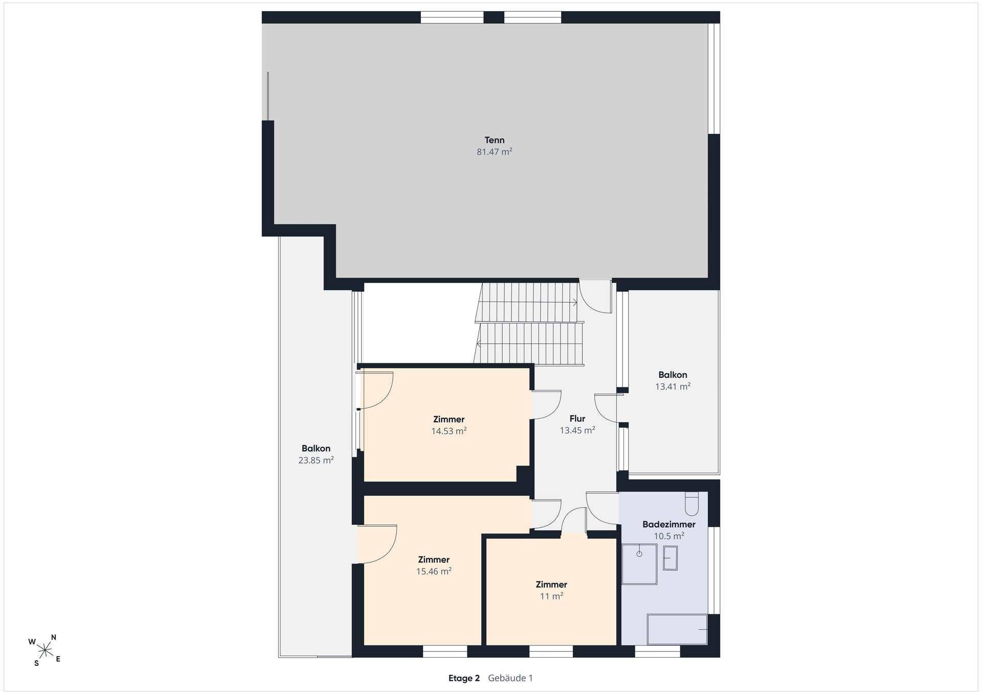 Grundriss der Etage 2 mit mehreren Zimmern, Badezimmer, Flur und zwei Balkonen.