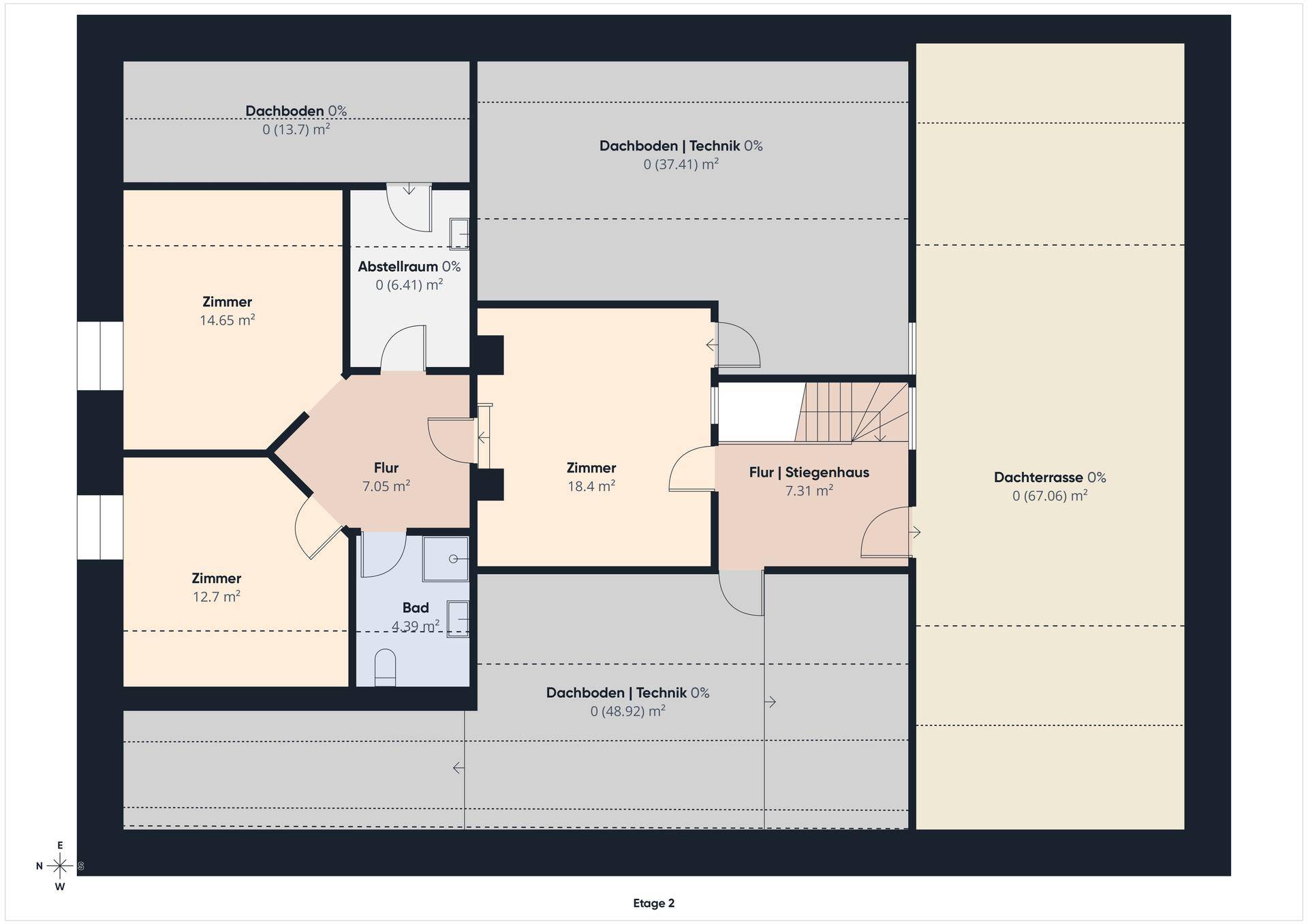 Grundriss der zweiten Etage mit drei Zimmern, Bad, Abstellraum und großer Dachterrasse.