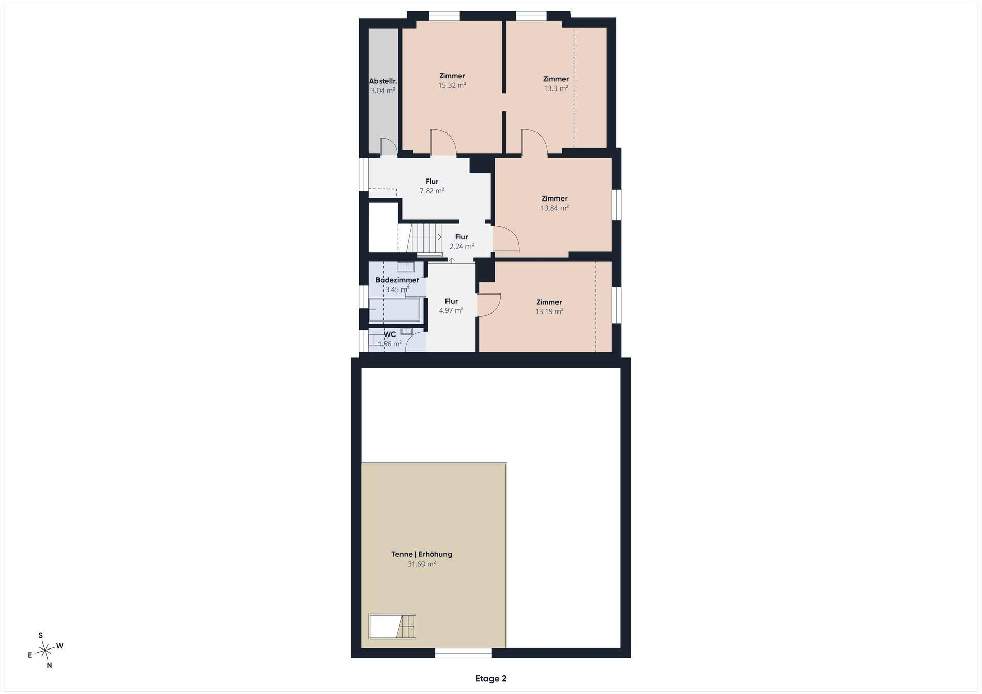 Grundriss der zweiten Etage mit mehreren Zimmern, einem Badezimmer, separatem WC und großer Terrasse.