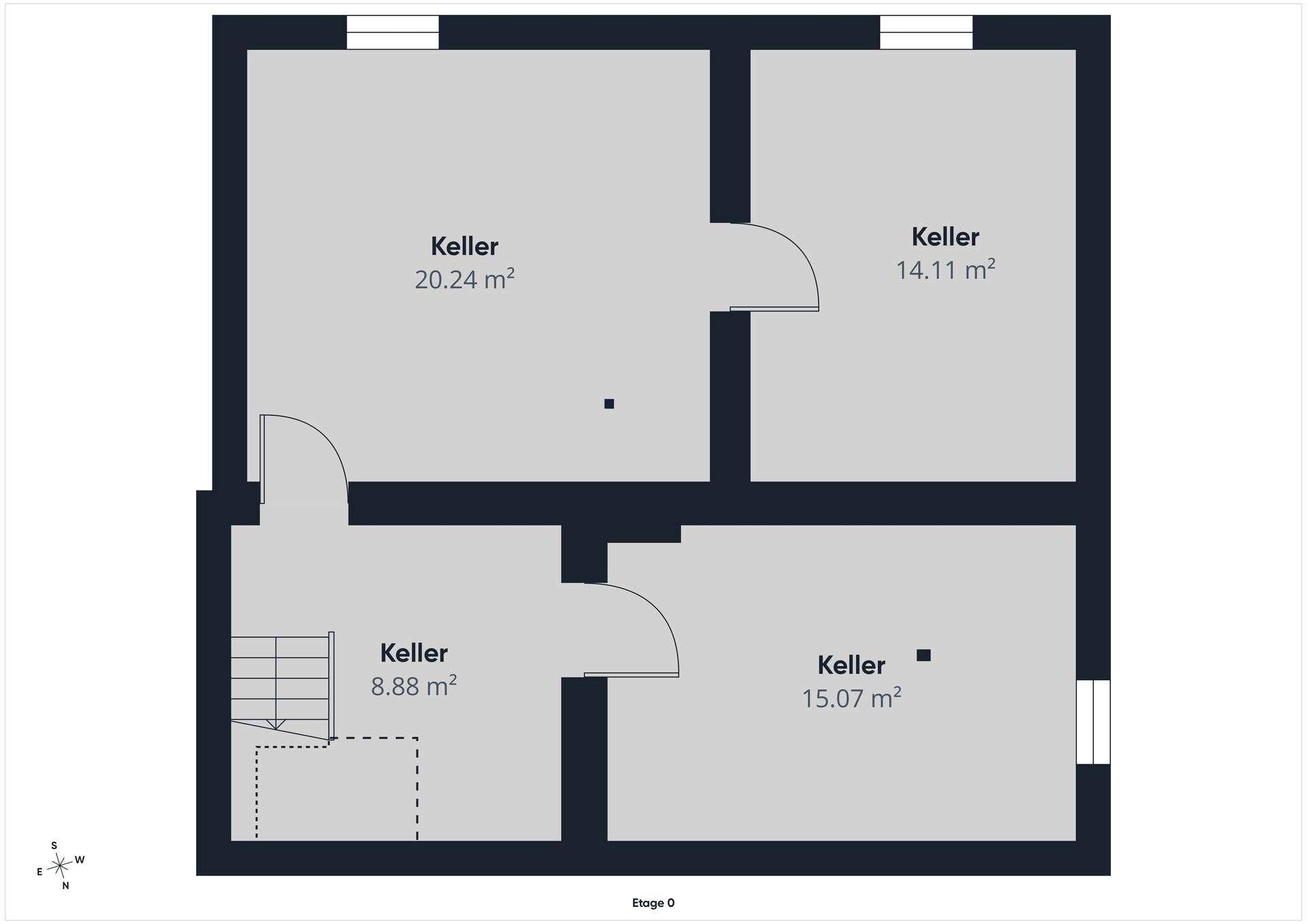 Grundriss der Kellerebene mit mehreren Kellerräumen und Treppenzugang.