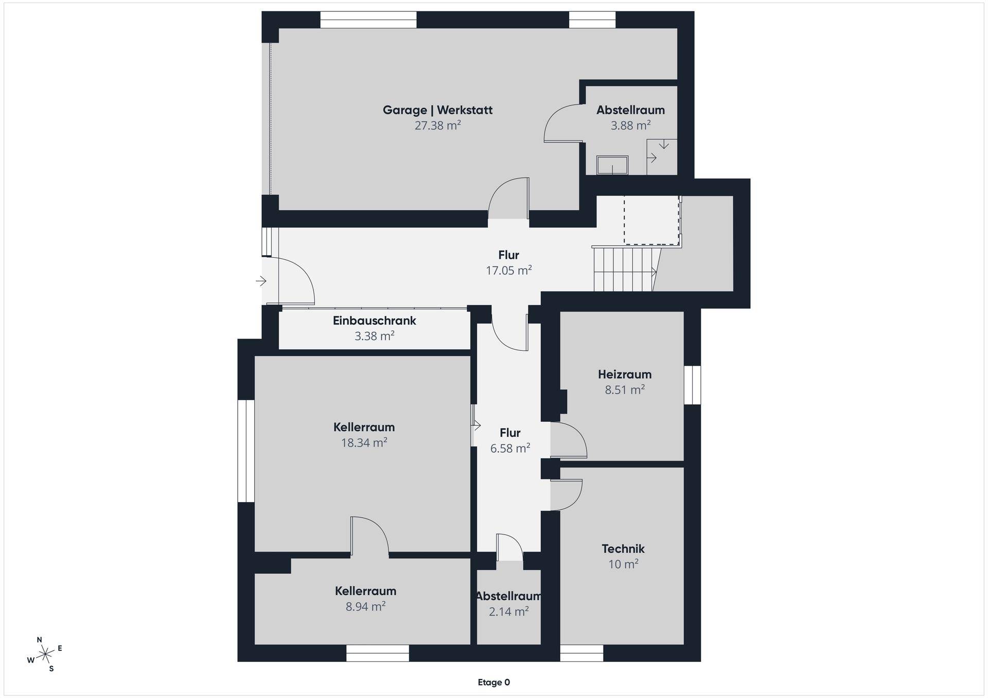 Grundriss der Etage 0 mit Garage, Kellerräumen, Technikraum und Abstellflächen.