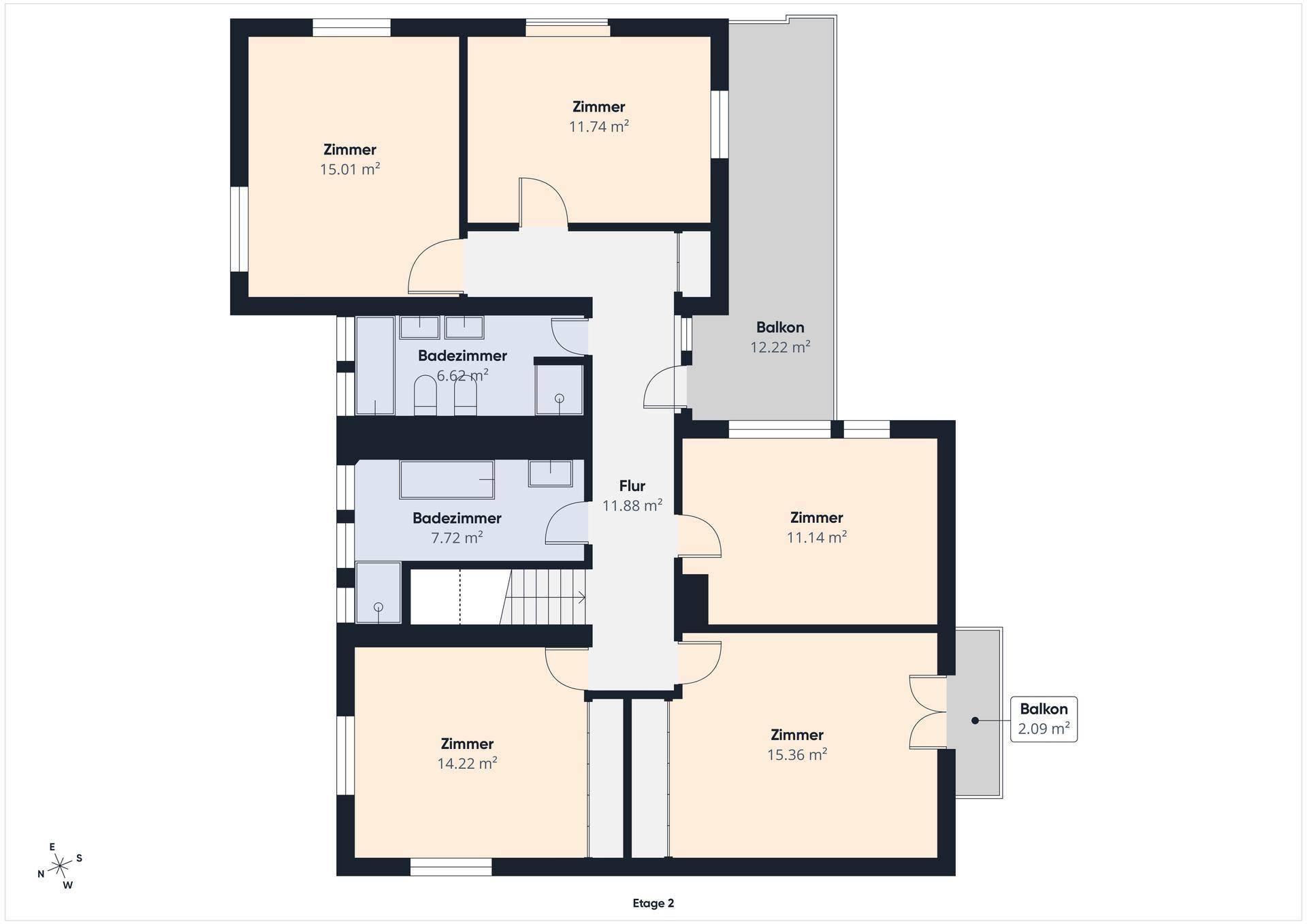 Grundriss der zweiten Etage mit mehreren Zimmern, zwei Badezimmern und zwei Balkonen.