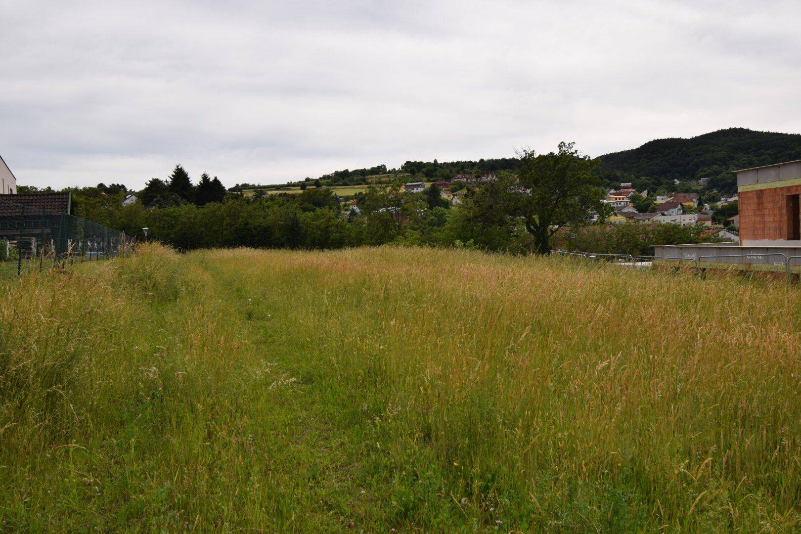 Großes Wiesengrundstück mit Blick auf eine Ortschaft und einen im Bau befindlichen Neubau.