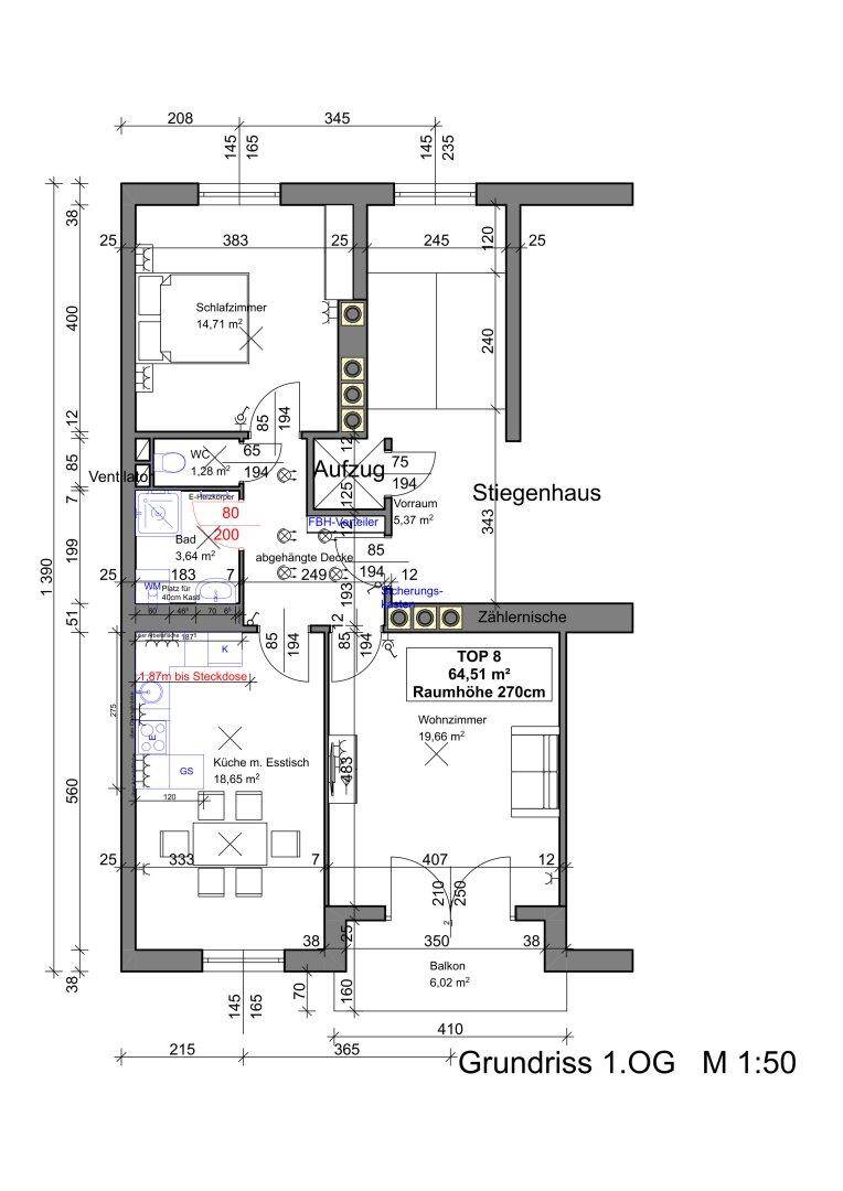 Grundriss des 1. Obergeschosses mit Wohnzimmer, Schlafzimmer, Bad, WC und Balkon.