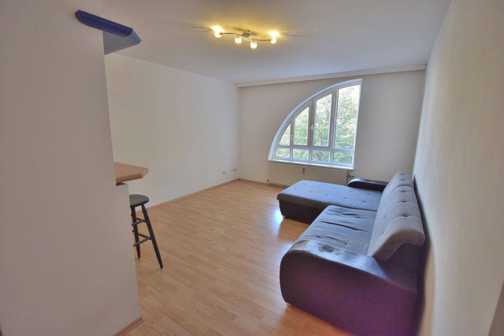 Helles Wohnzimmer mit Laminatboden, einem Ecksofa und einem großen, bogenförmigen Fenster.