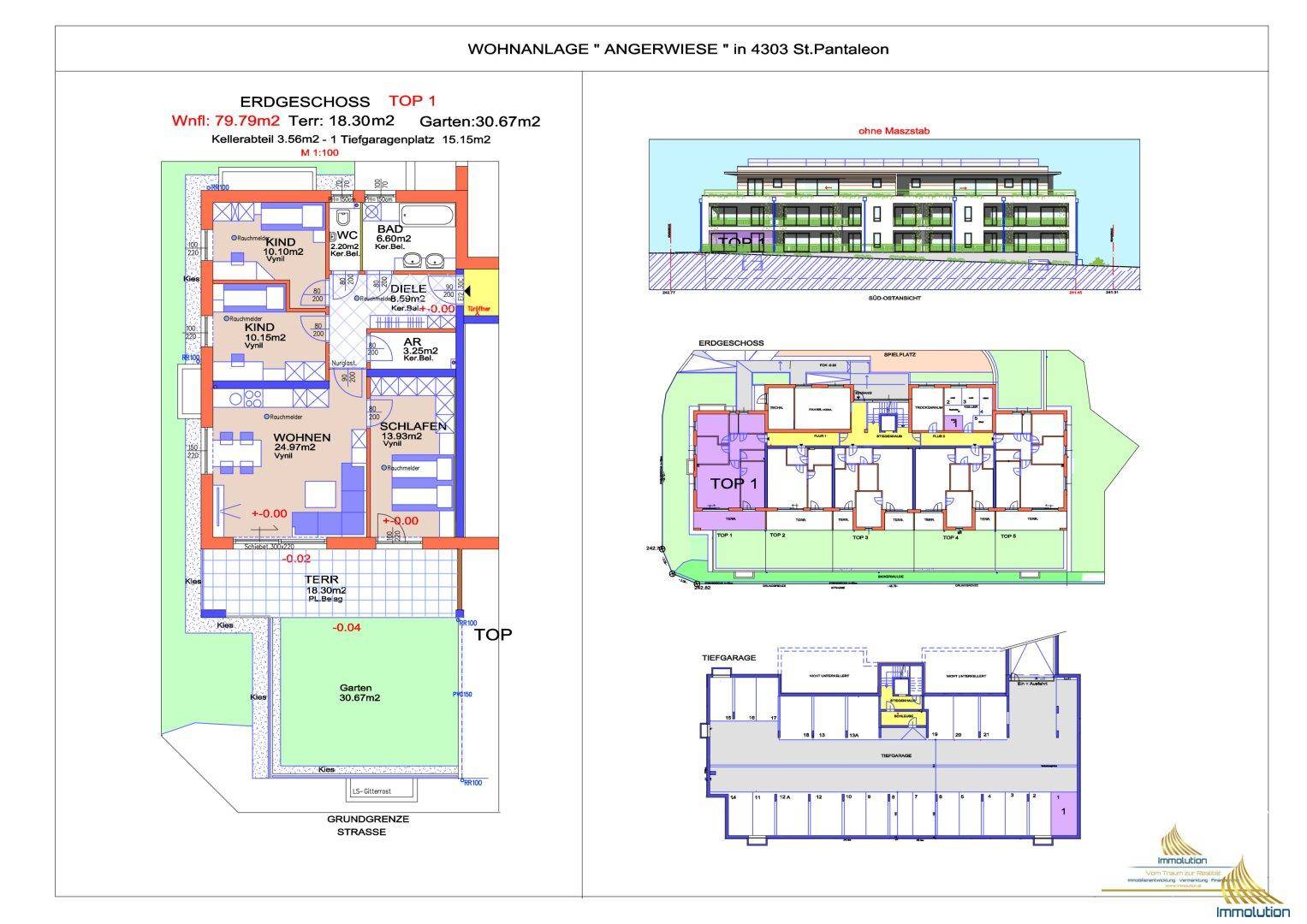 Detaillierter Grundriss einer Erdgeschosswohnung mit Garten und Tiefgaragenzugang.