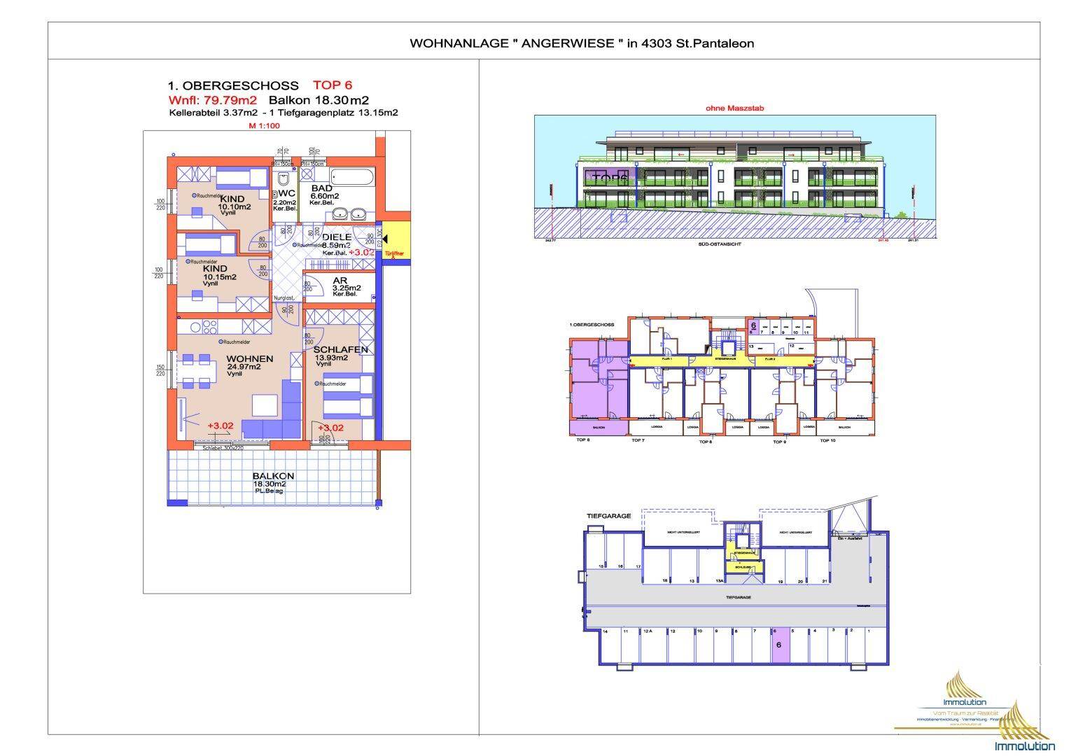Detaillierter Grundriss einer Wohnung im ersten Obergeschoss mit Balkon, ergänzt durch Gebäudeansicht und Tiefgaragenplan.