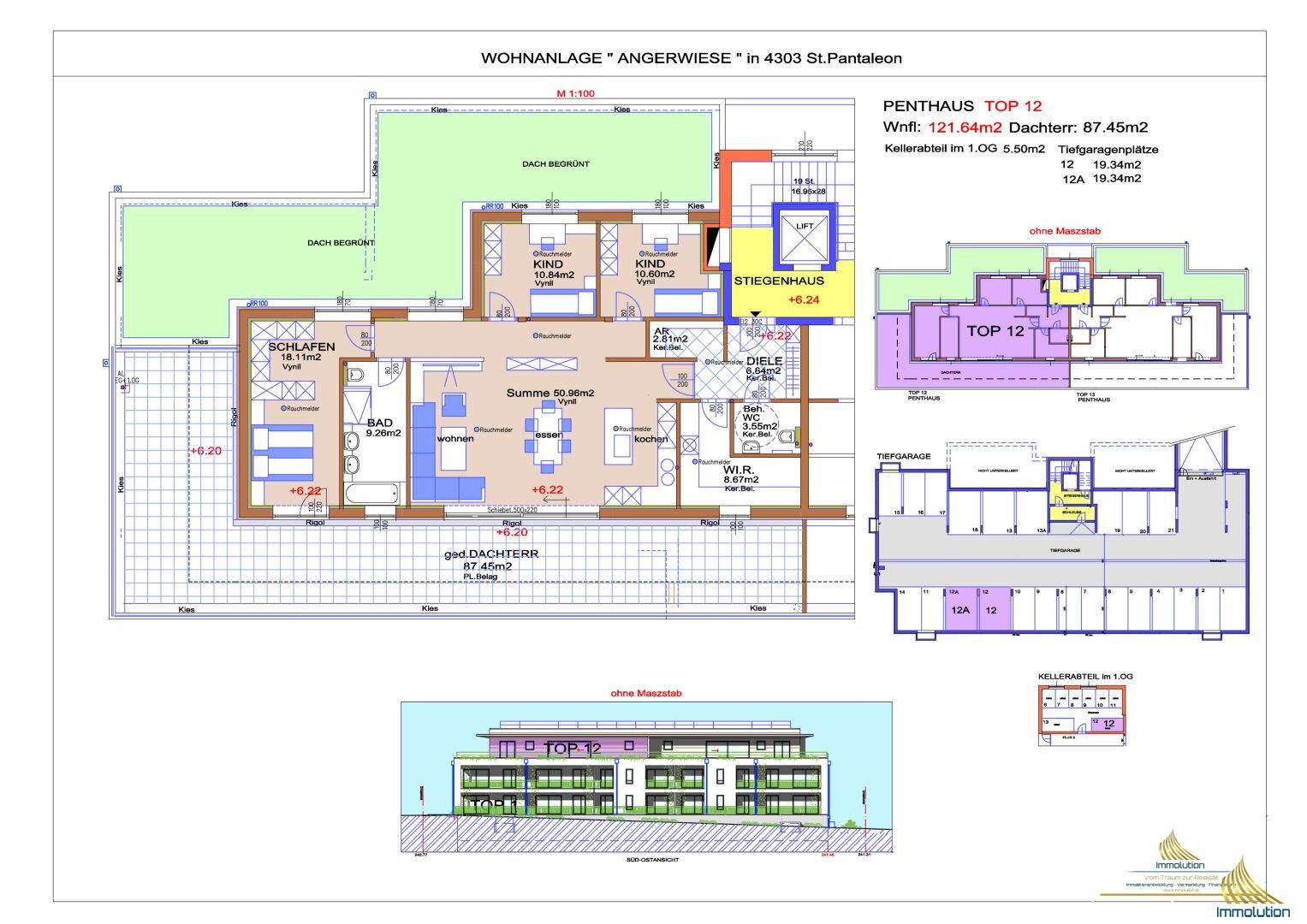 Umfassender Grundrissplan eines Penthouses mit Dachterrasse und Kellerabteil.