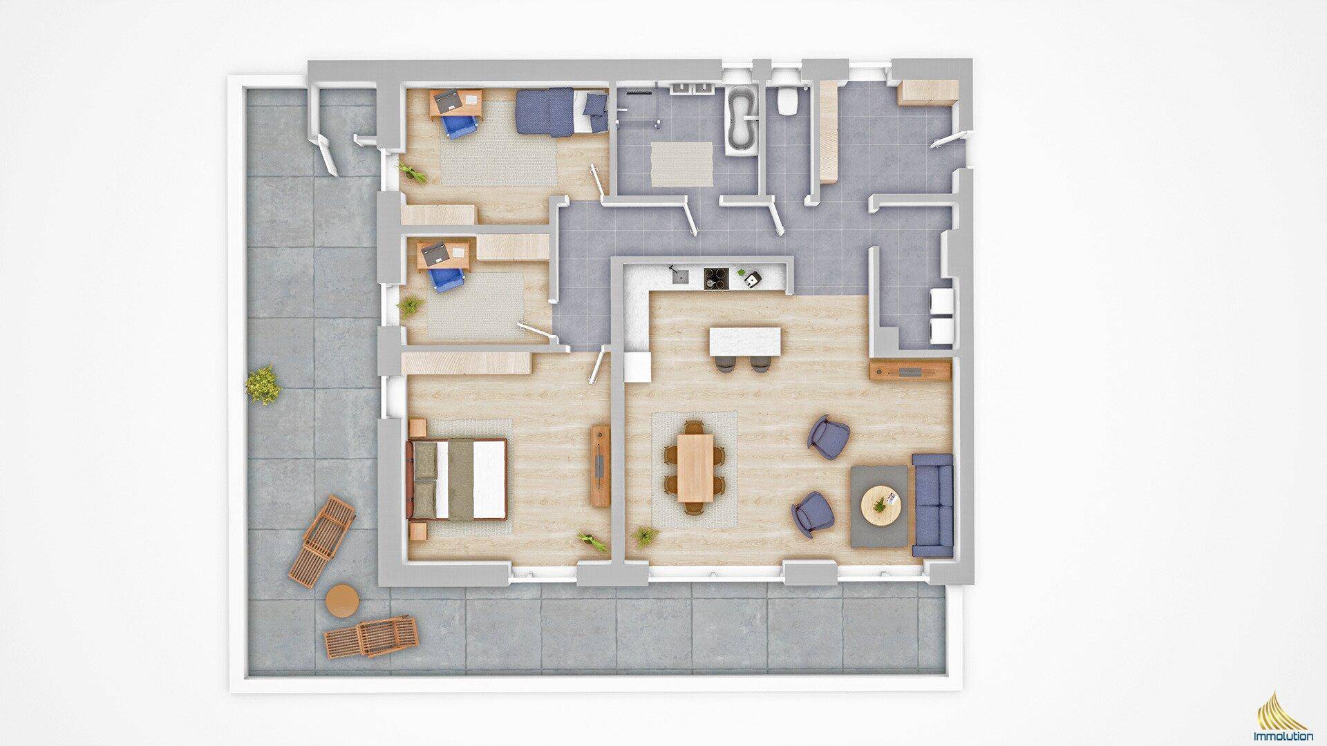 Detaillierter Grundriss einer Wohnung mit offenem Wohnbereich, drei Schlafzimmern, zwei Bädern und großer Terrasse.