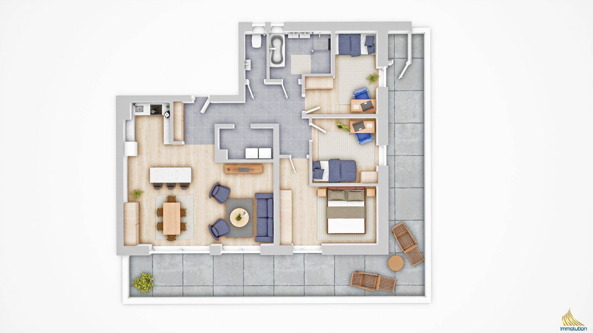 Detaillierter Grundriss einer Wohnung mit offenem Wohnbereich, drei Schlafzimmern und großer Terrasse.