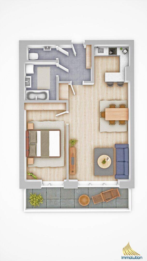 Grundriss einer modernen Wohnung mit offenem Wohn-Essbereich, separatem Schlafzimmer, Bad und Balkon.