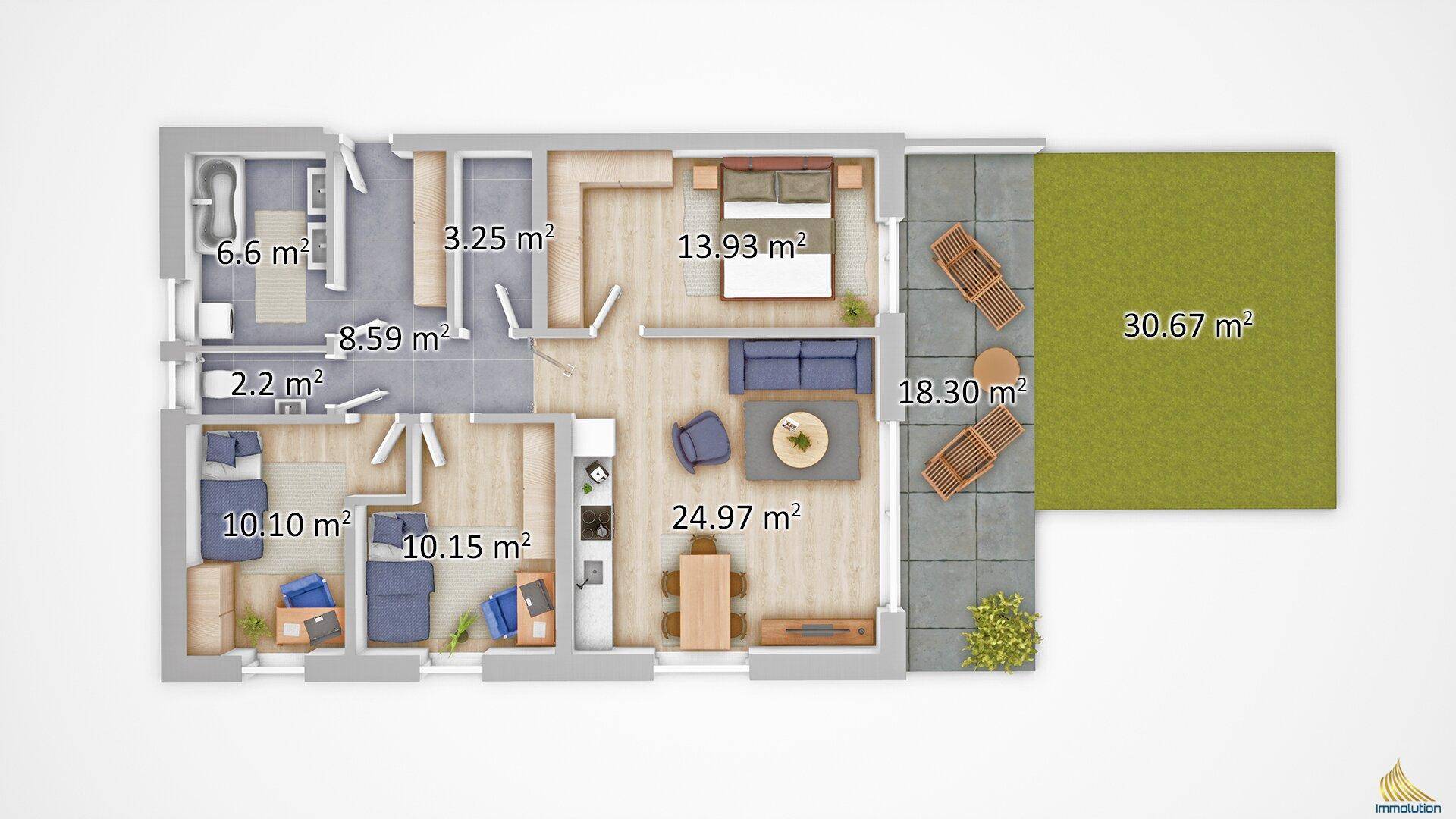 Dreidimensionaler Grundriss einer Wohnung mit Terrasse und Gartenbereich.