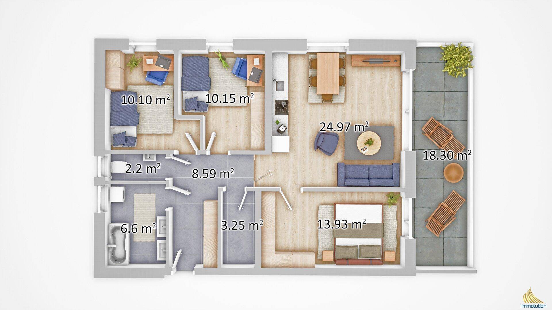 Detaillierter Grundriss einer Wohnung mit drei Schlafzimmern, offenem Wohnbereich und großer Terrasse.