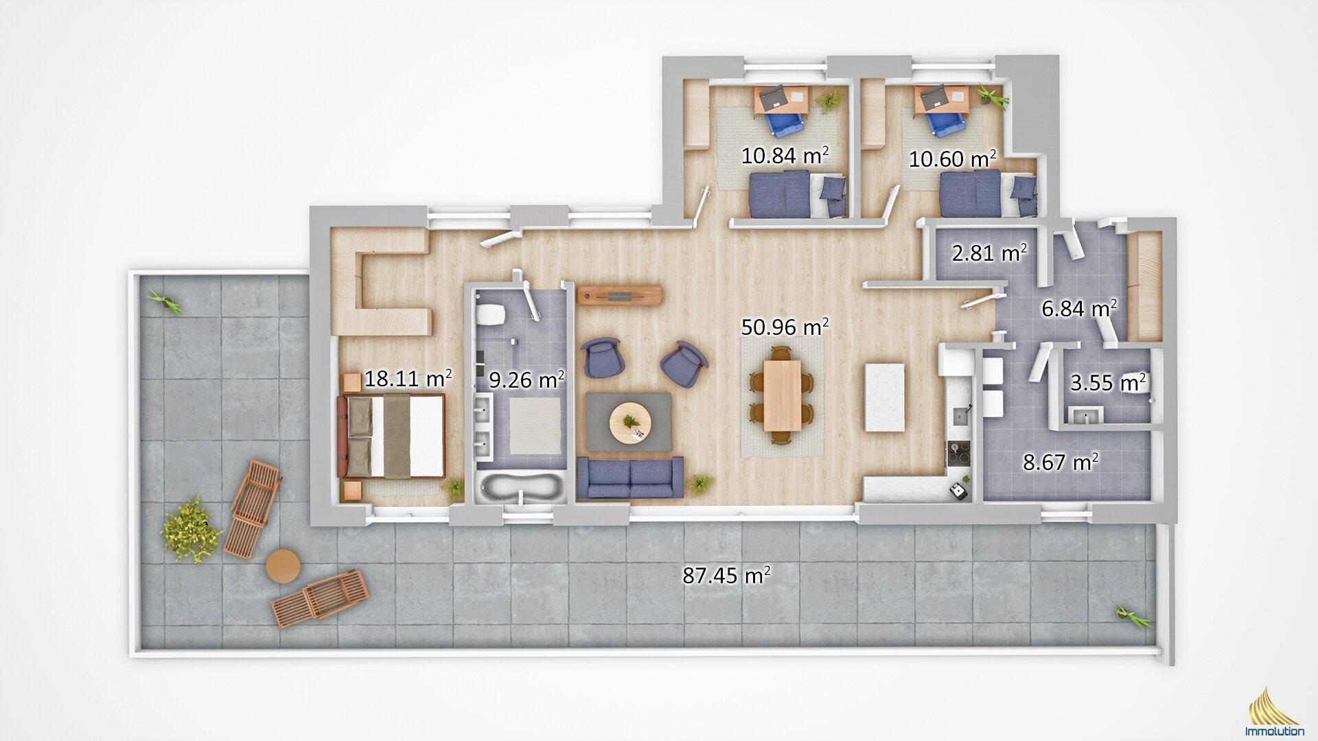 Detaillierter Grundriss einer Wohnung mit drei Schlafzimmern und großer Terrasse.