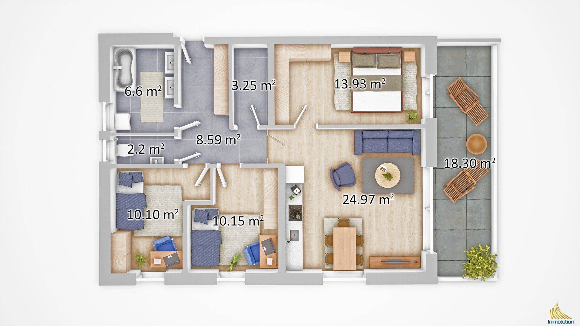 Detaillierter Grundriss einer Wohnung mit drei Schlafzimmern und großem Balkon.