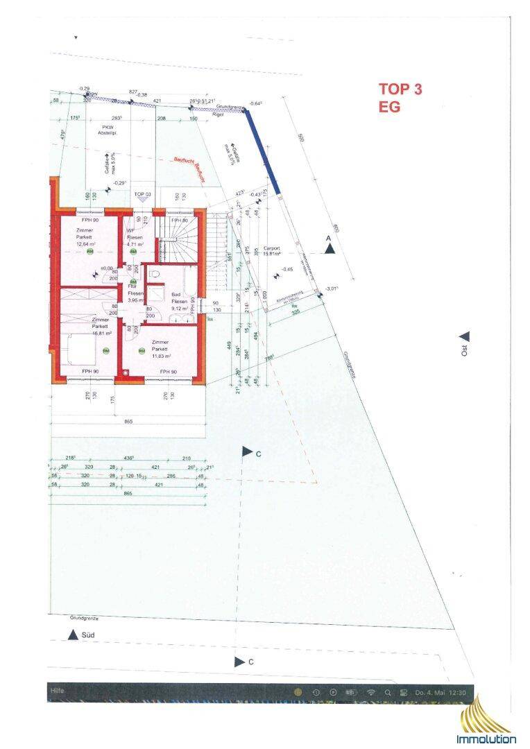 Grundrissplan des Erdgeschosses (TOP 3 EG) mit offener Raumaufteilung und Zugang zu Balkon und Garten.