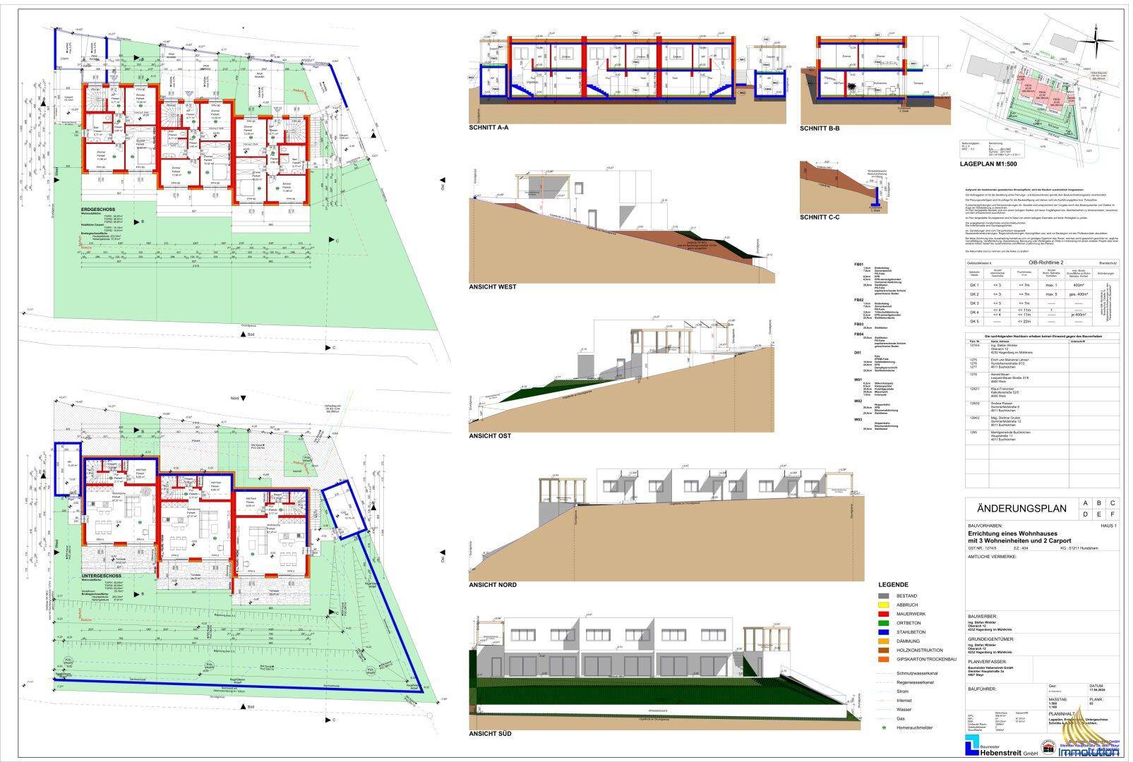 Architektonischer Änderungsplan mit Grundrissen, Schnitten und Ansichten der Reihenhäuser.