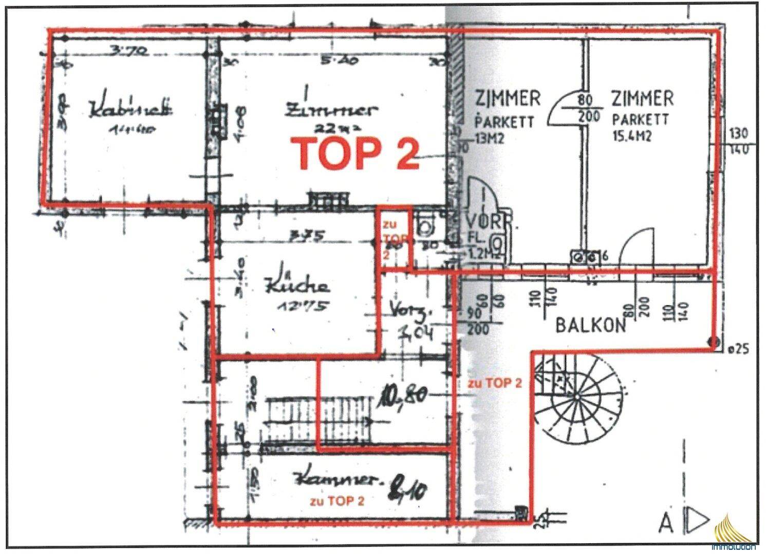 Grundriss für Top 2 mit Balkon, Zimmern, Küche und Bad.