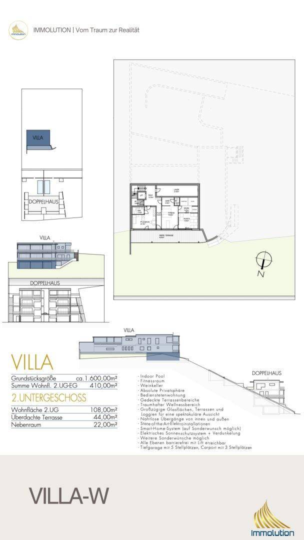 Grundriss und Schnittansichten einer Villa mit Pool und Terrassen auf verschiedenen Ebenen.