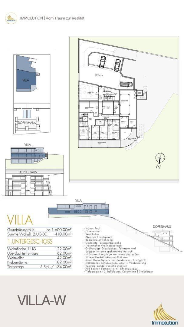 Grundriss und Schnittansichten einer Villa mit Tiefgarage und mehreren Wohneinheiten.